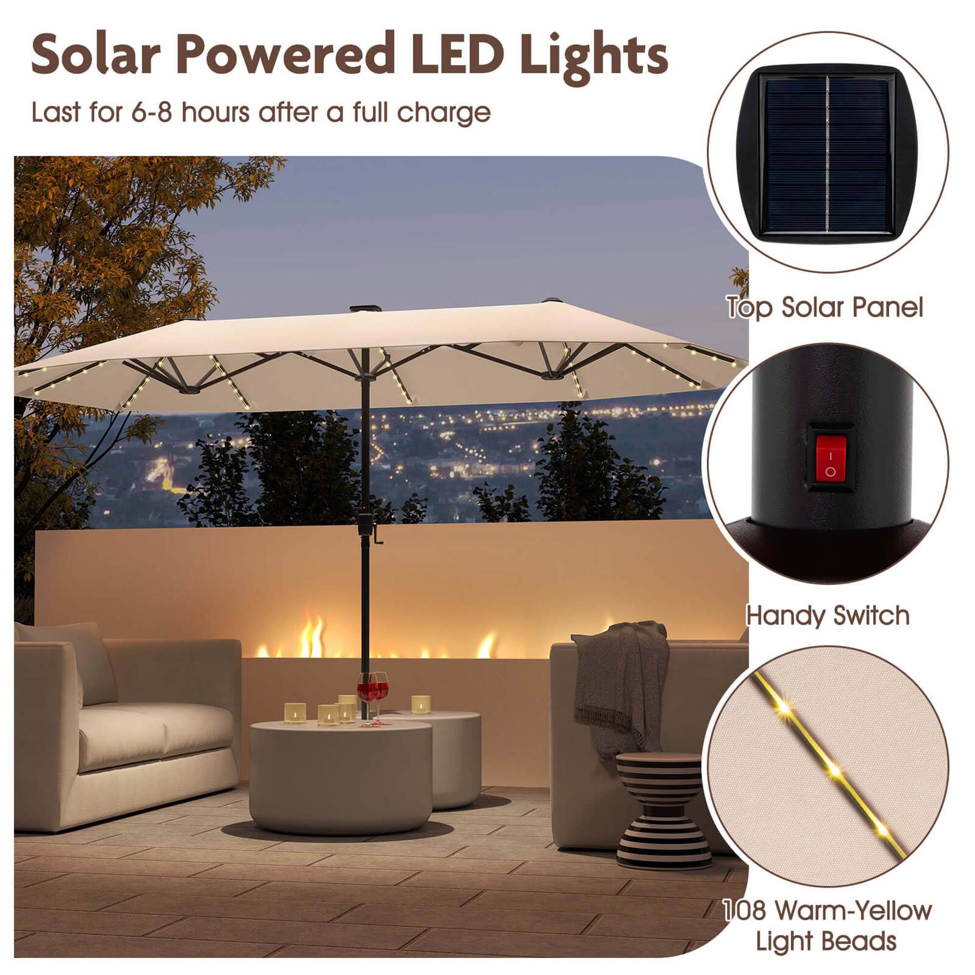 Solar Powered LED Lights:
- Last for 6-8 hours after a full charge
- Top Solar Panel
- Handy Switch
- 108 Warm-Yellow Light Beads