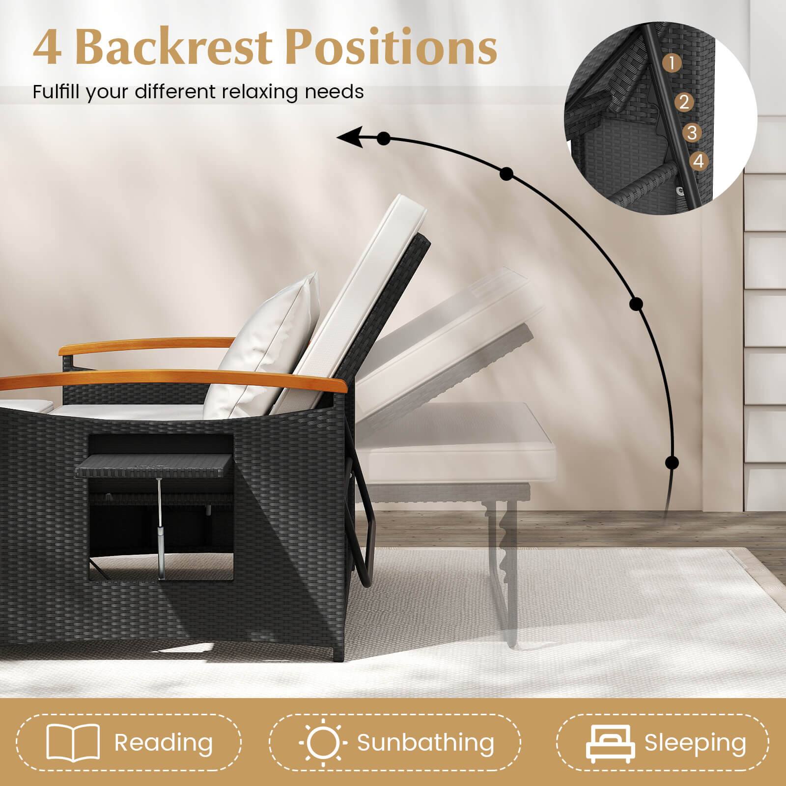 4 Backrest Positions  
Fulfill your different relaxing needs  

1. Reading  
2. Sunbathing  
3. Sleeping