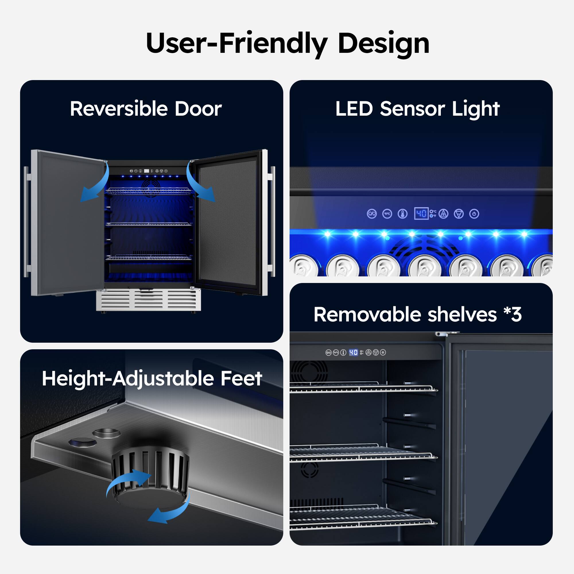 User-Friendly Design  
Reversible Door  
LED Sensor Light  
Removable shelves *3  
Height-Adjustable Feet