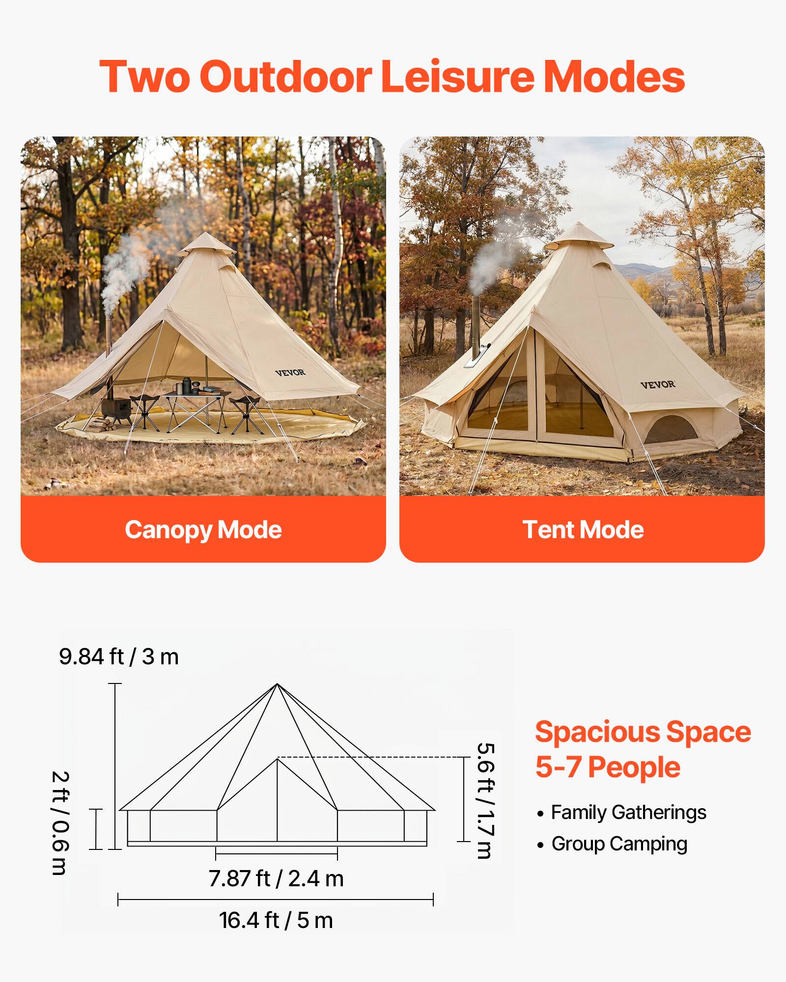 Two Outdoor Leisure Modes

VEVOR Canopy Mode
VEVOR Tent Mode

9.84 ft / 3 m
2 ft / 0.6 m
7.87 ft / 2.4 m
16.4 ft / 5 m

Spacious Space
5-7 People
- Family Gatherings
- Group Camping