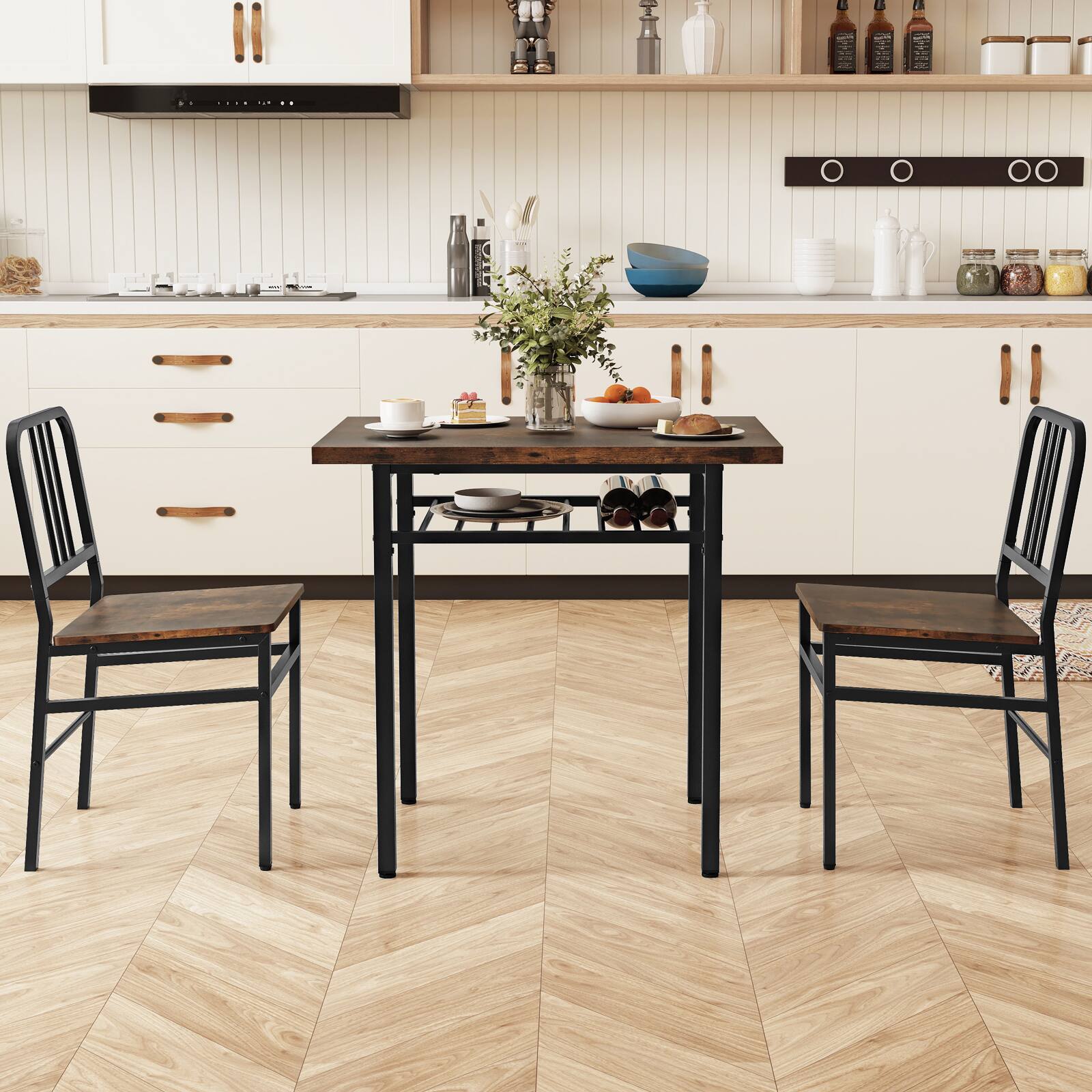 Alt View 3. Gymax - Gymax 3-Piece Rectangular Dining Table&Chairs Set Wooden Breakfast Nook w/Storage Rack Rustic Brown & Black - Brown.