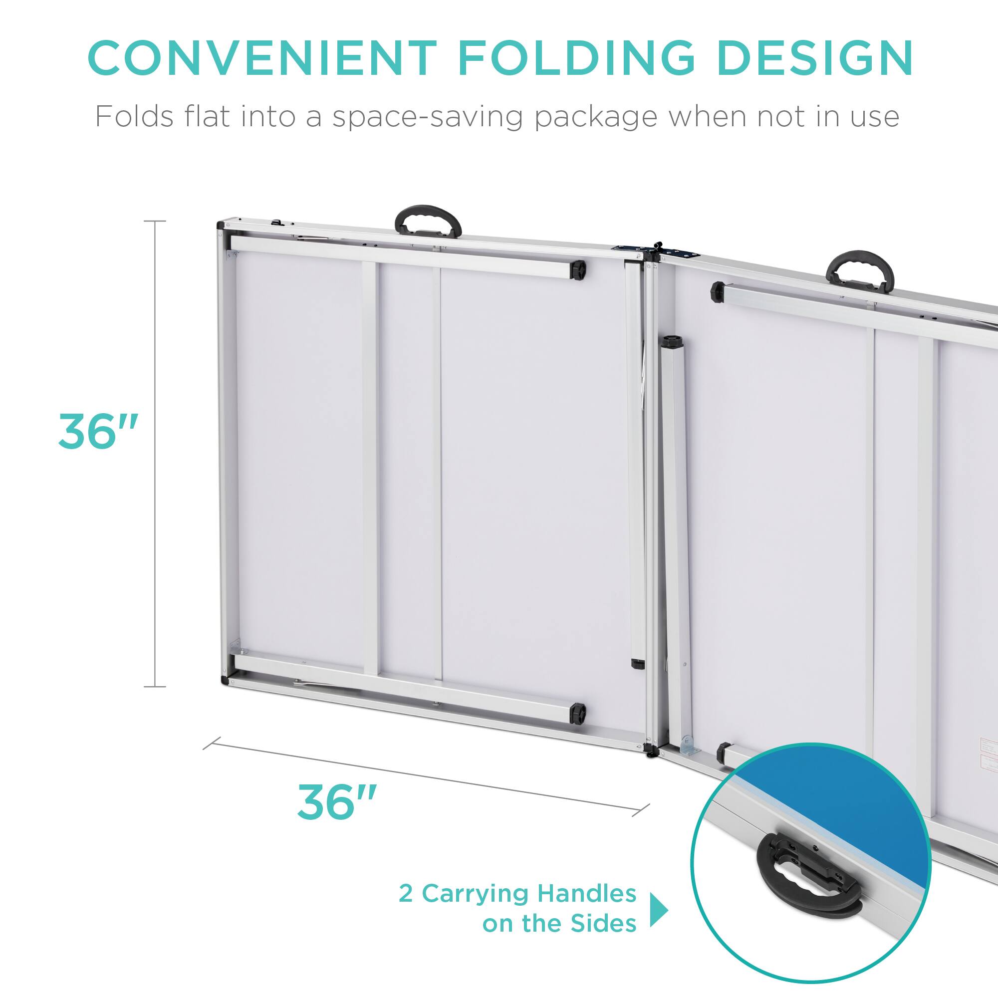 The corrected text is:

"CONVENIENT FOLDING DESIGN
Folds flat into a space-saving package when not in use
36" x 36"
2 Carrying Handles on the Sides"