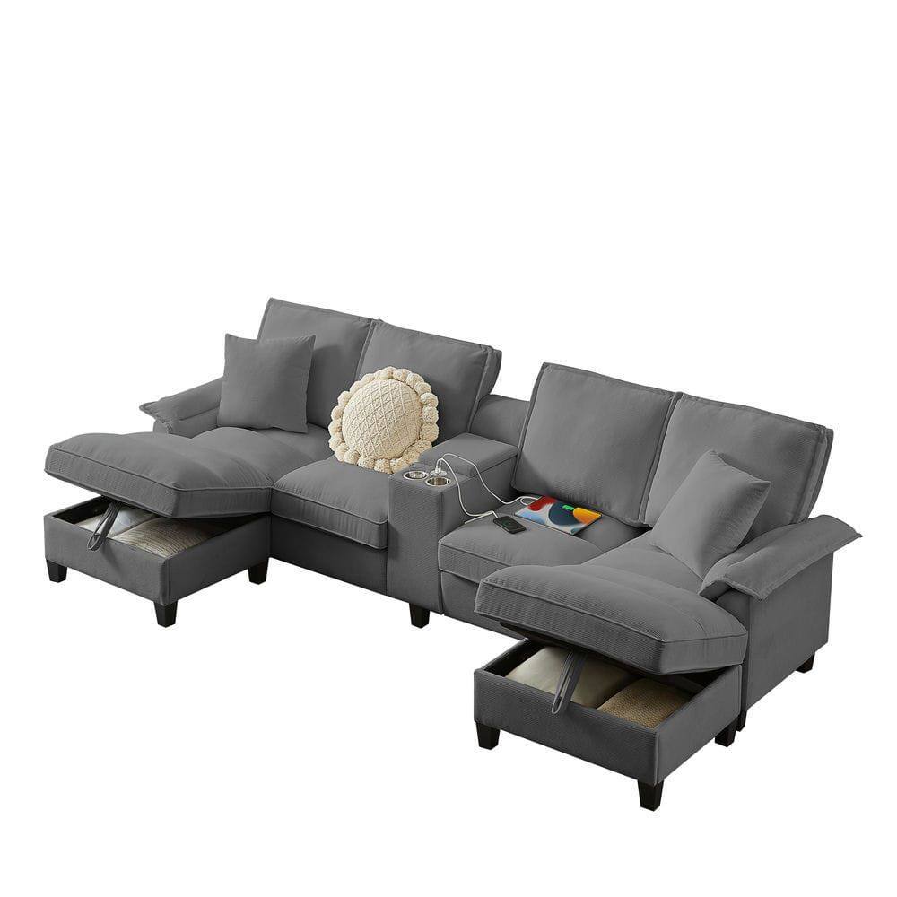 Alt View 6. Resenkos - 120" U-Shaped Sectional Sofa Bed, Corduroy 4-Seater with Storage and Cup Holders, Gray - Gray.