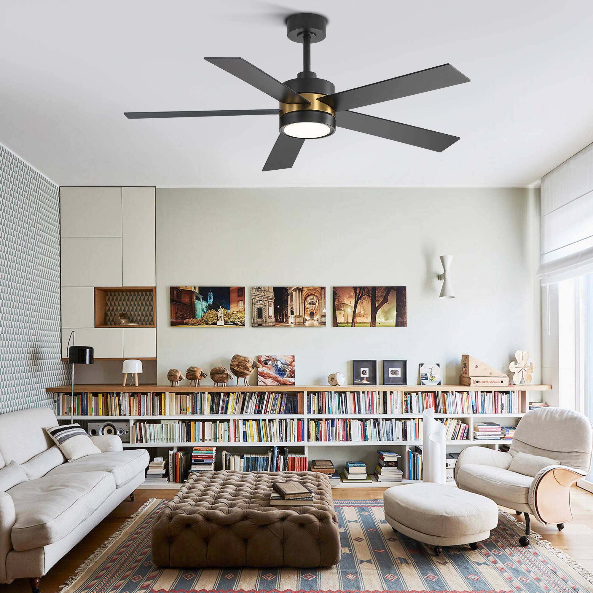 Alt View 1. Breezary - 52-In Indoor Ceiling Fan with Led Light, 5 Plywood Blades, 6-Speed DC Motor, Remote, Timer with Memory, 5/10'' Downrods - Black and Gold.