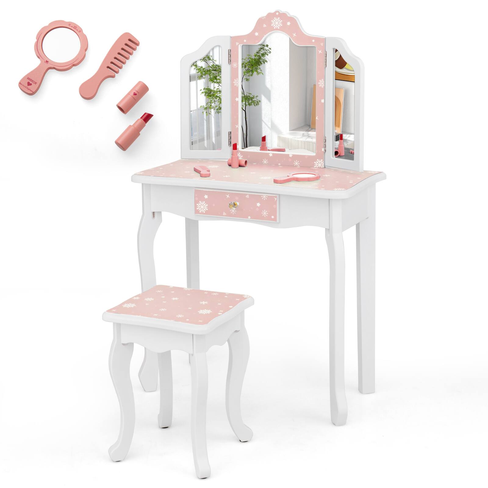 Front. SlickBlue - Princess Pretend Play Makeup Table and Stool Set with Tri-Fold Mirror - Pink.