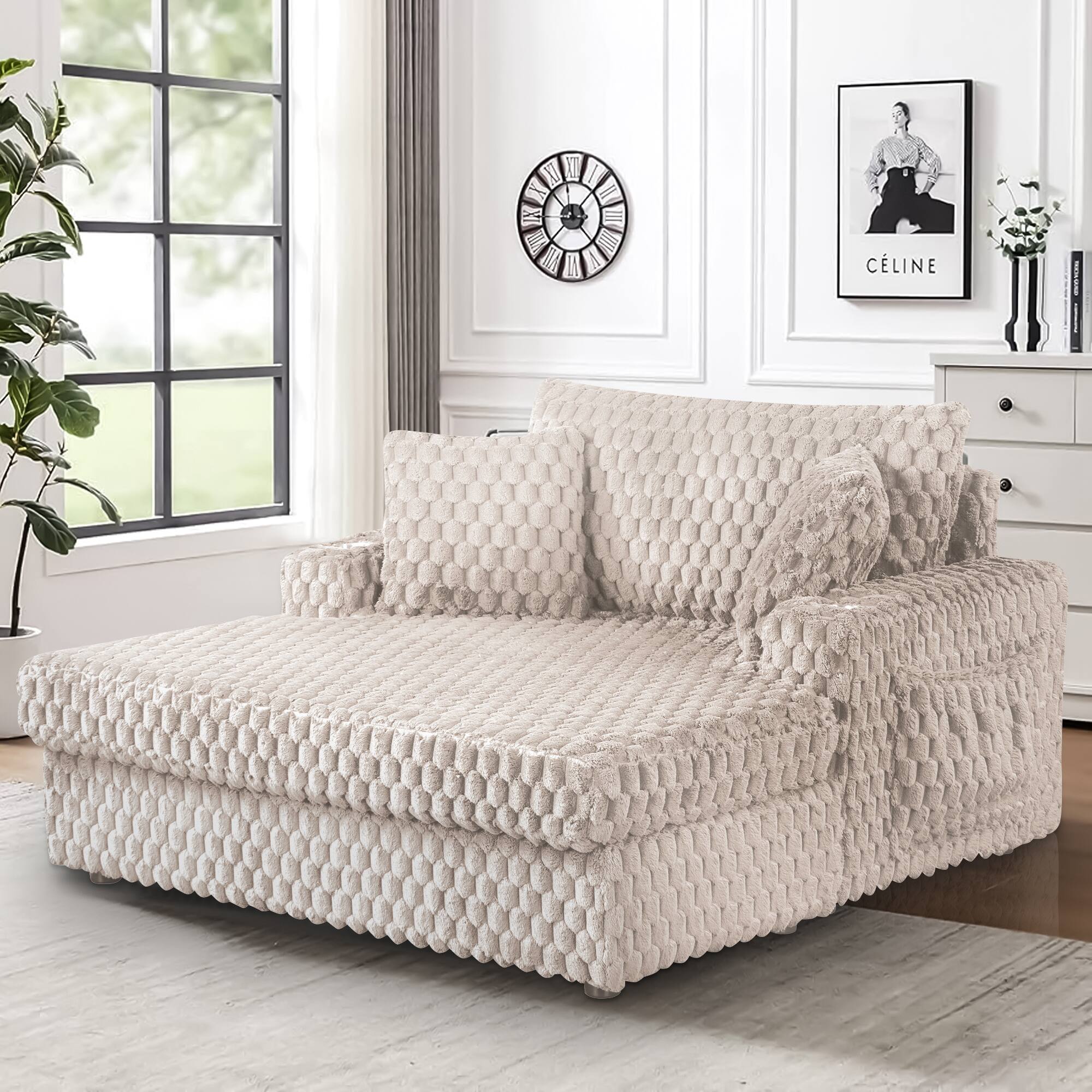 Left. Vaczon - Oversized Chaise Lounge Chair with 2 Cup Holders and Magazine Pocket, Plush Textured Upholstery for Living Room Bedroom - Light Beige.