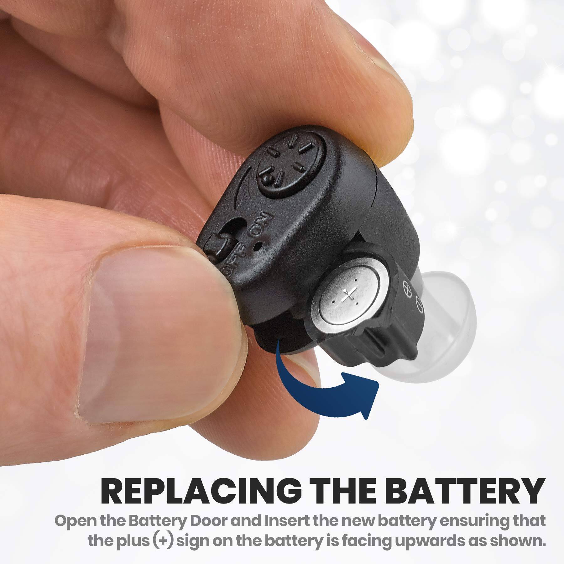 REPLACING THE BATTERY

Open the Battery Door and Insert the new battery ensuring that the plus (+) sign on the battery is facing upwards as shown.