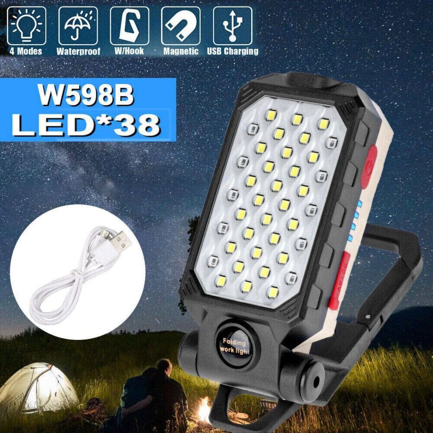 G 4 Modes, Waterproof, W/Hook, Magnetic, USB Charging, W598B LED*38, Folding work light