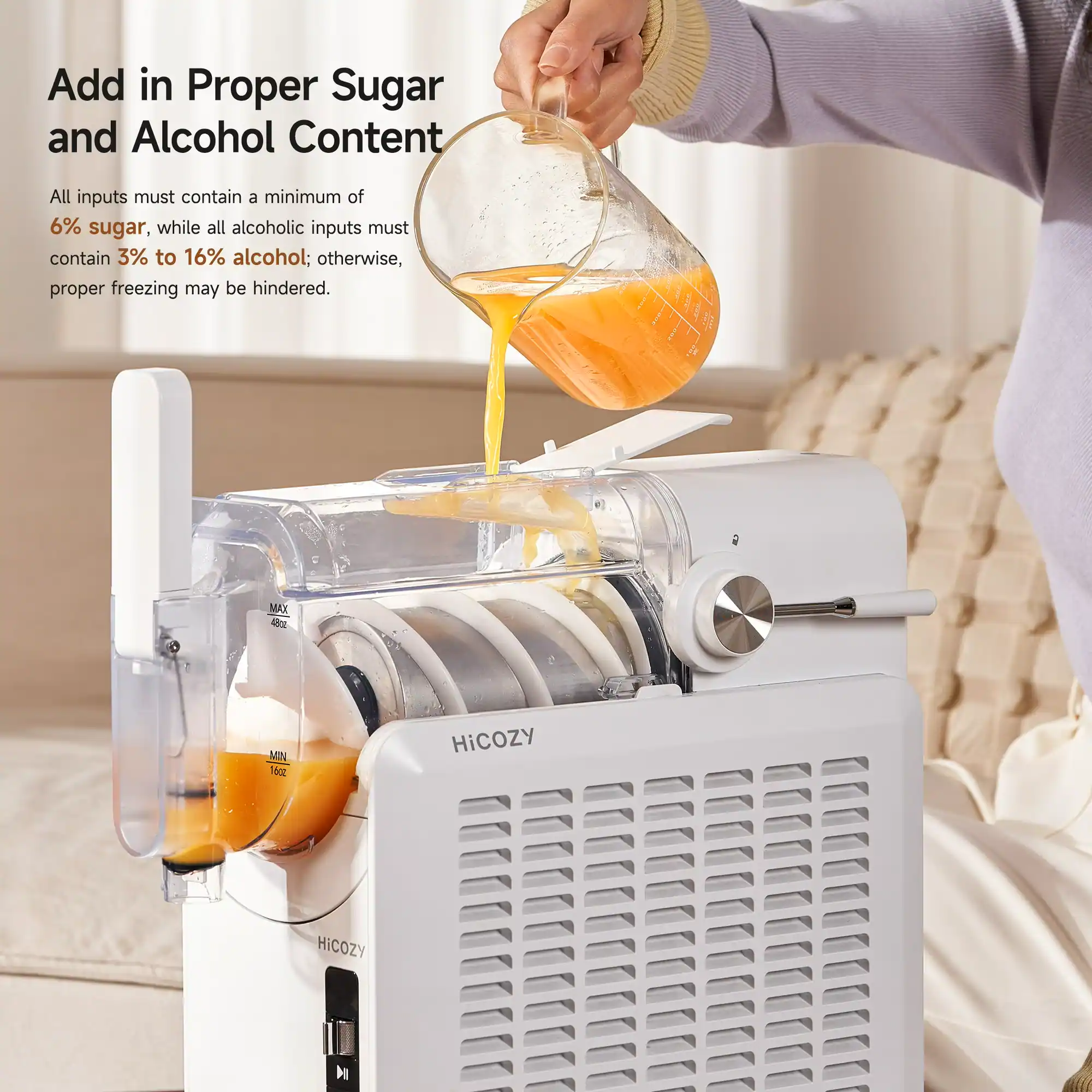 Add in Proper Sugar and Alcohol Content

All inputs must contain a minimum of 6% sugar, while all alcoholic inputs must contain 3% to 16% alcohol; otherwise, proper freezing may be hindered.