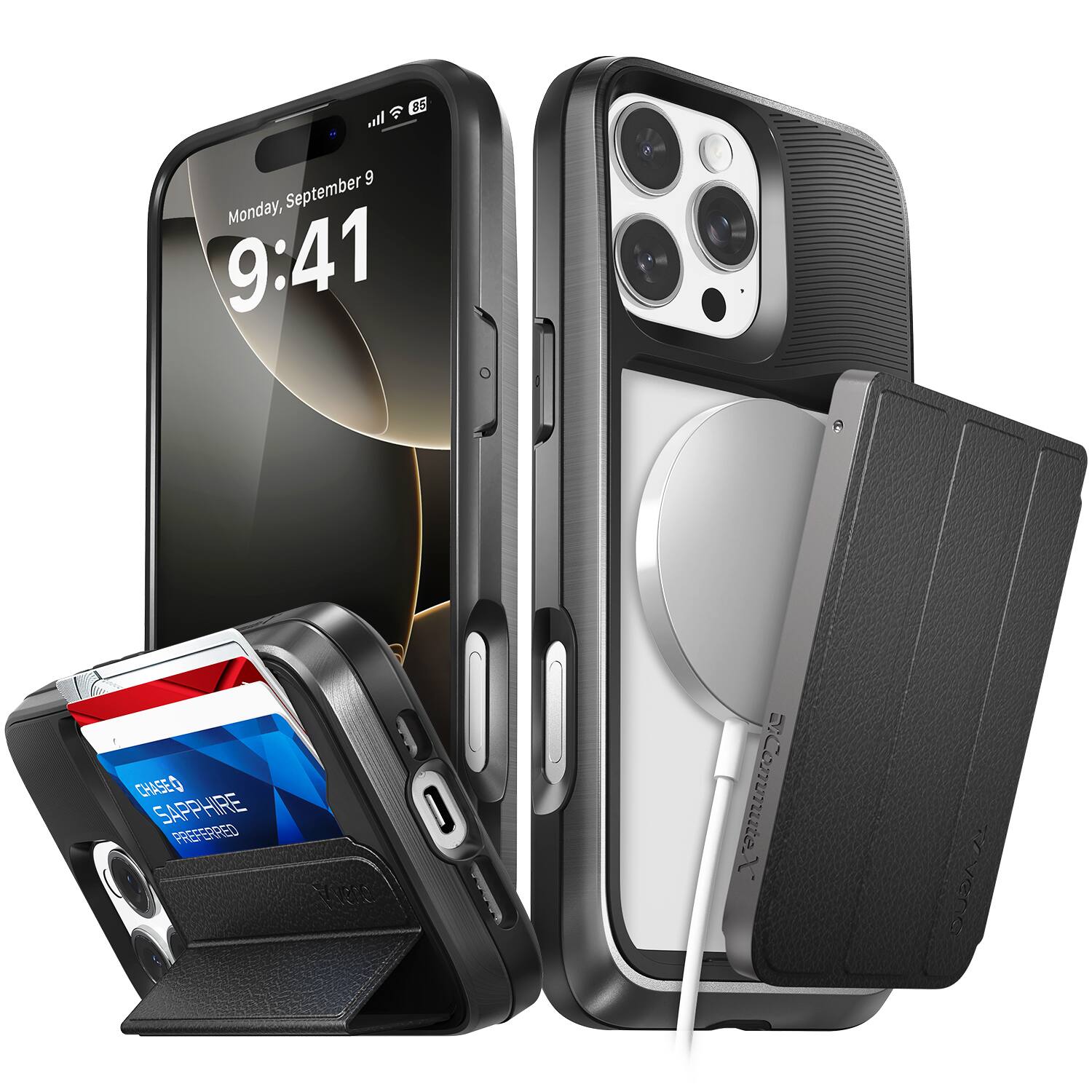 Vena - vCommuteX for Apple iPhone 16 Pro Max Case, Wallet Case Compatible with MagSafe, Leather Flip Cover with Card Slot Black - Gray