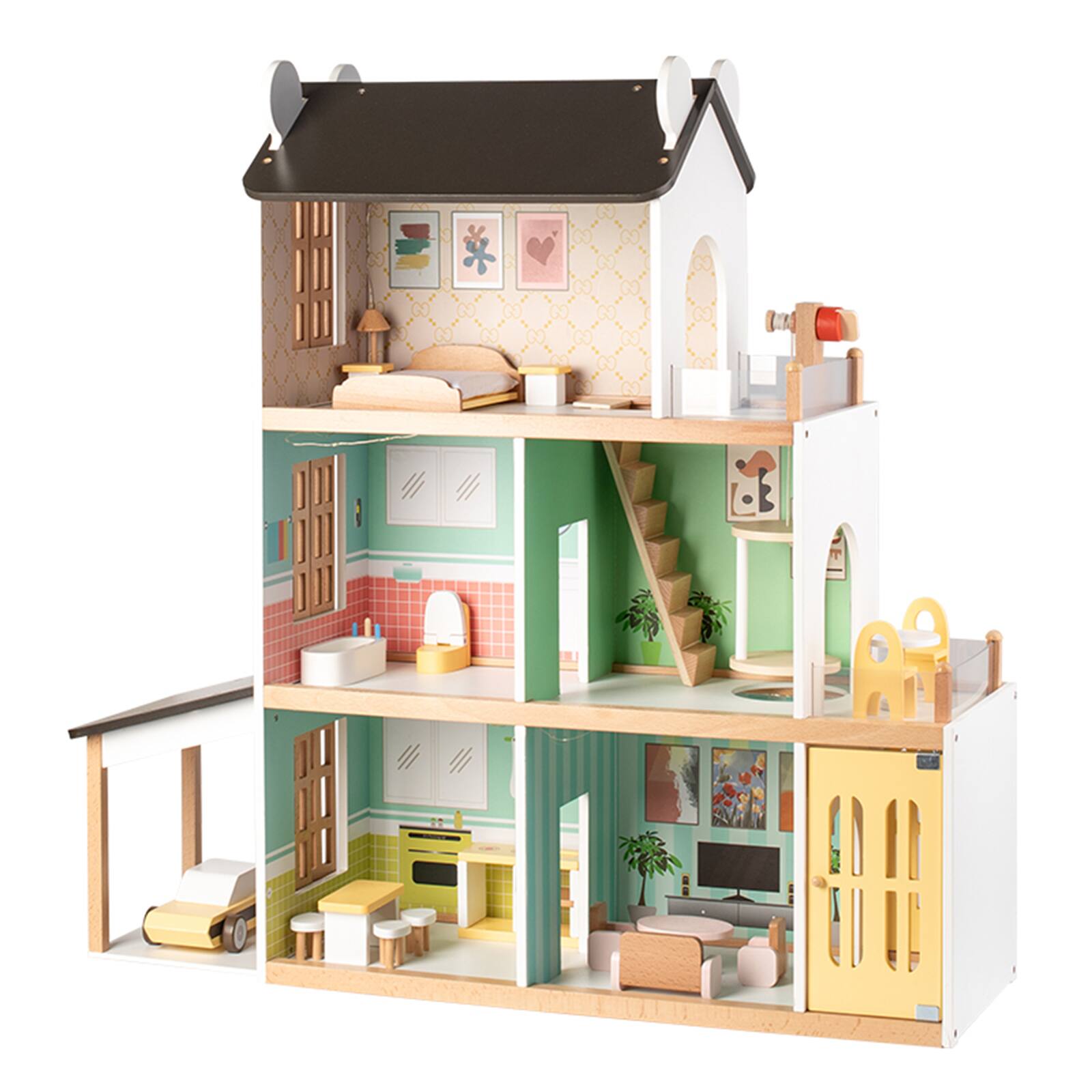 Alt View 6. Topteng - 3-Story Wooden Dollhouse with Lights & Balcony, 20+ Furniture Accessories, Toy for Kids Ages 3+.
