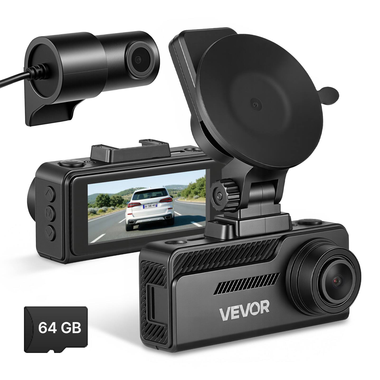 Front. VEVOR - Dash Cam Front and Rear, 4K+1080P, 64 GB Card Included, Dual Channel Dash Camera for Cars with Built-in GPS, G-Sensor - Black.