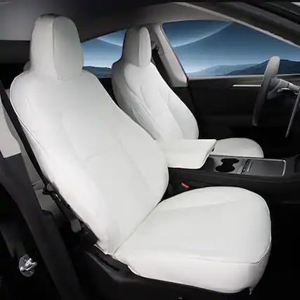 Front. COTTAGE - Nappa Leather Car Seat Covers Compatible With Model Y Full Set Custom Fit Does Not Affect The Airbag Reserved - Black with Mesh.