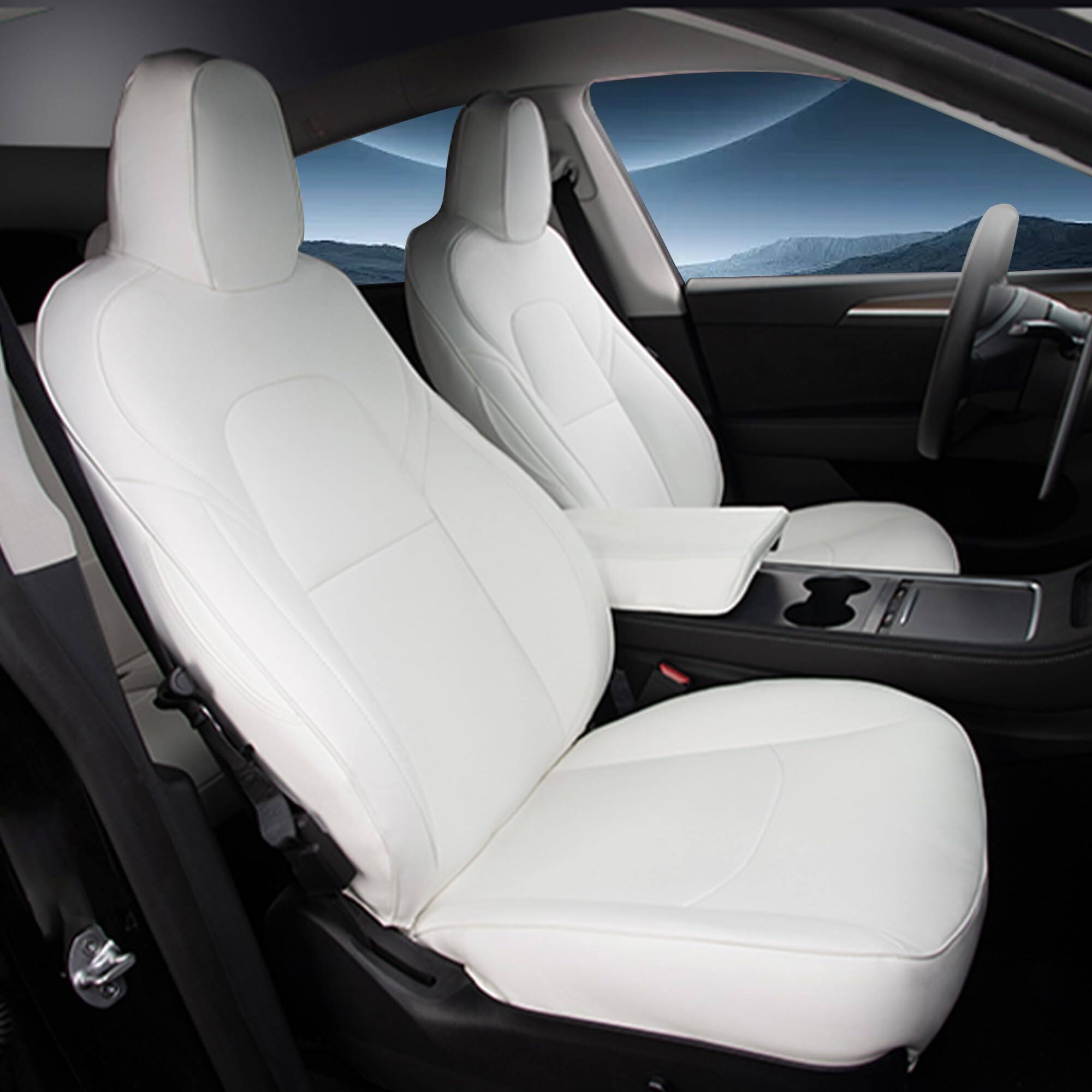 Front. COTTAGE - Nappa Leather Car Seat Covers Compatible With Model Y Full Set Custom Fit Does Not Affect The Airbag Reserved - Black with Mesh.