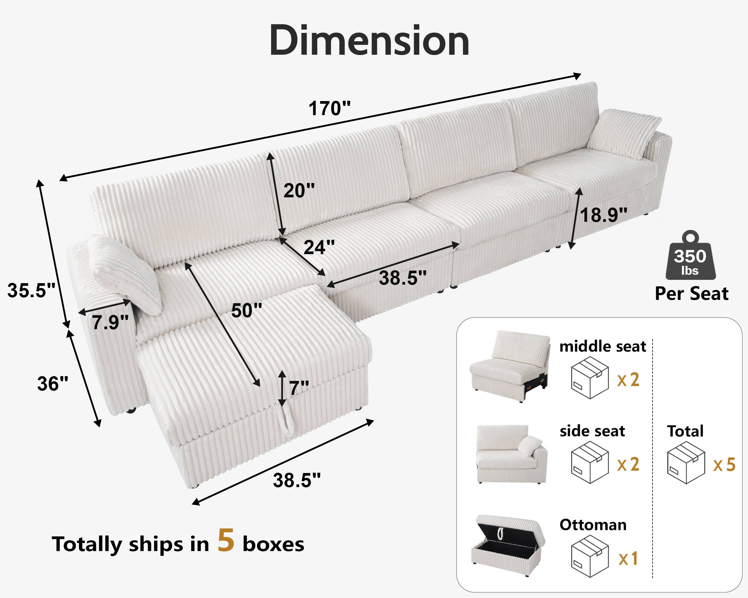 Dimension  
170" x 20" x 18.9" x 35.5" x 7.9" x 50" x 24" x 38.5"  
350 lbs Per Seat  

Totally ships in 5 boxes  
- middle seat x2  
- side seat x2  
- Ottoman x1  

Total x5