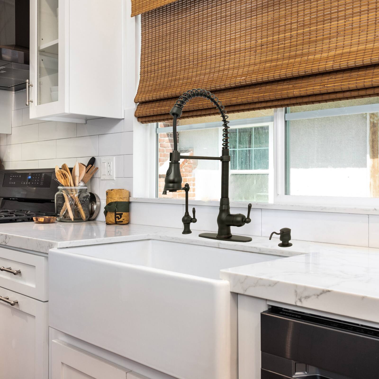 Alt View 5. Akicon - Akicon Solid Brass Pre-Rinse Spring Single Handle Kitchen Faucet with Pull Down Sprayer in Oil Rubbed Bronze - Oil Rubbed Bronze.
