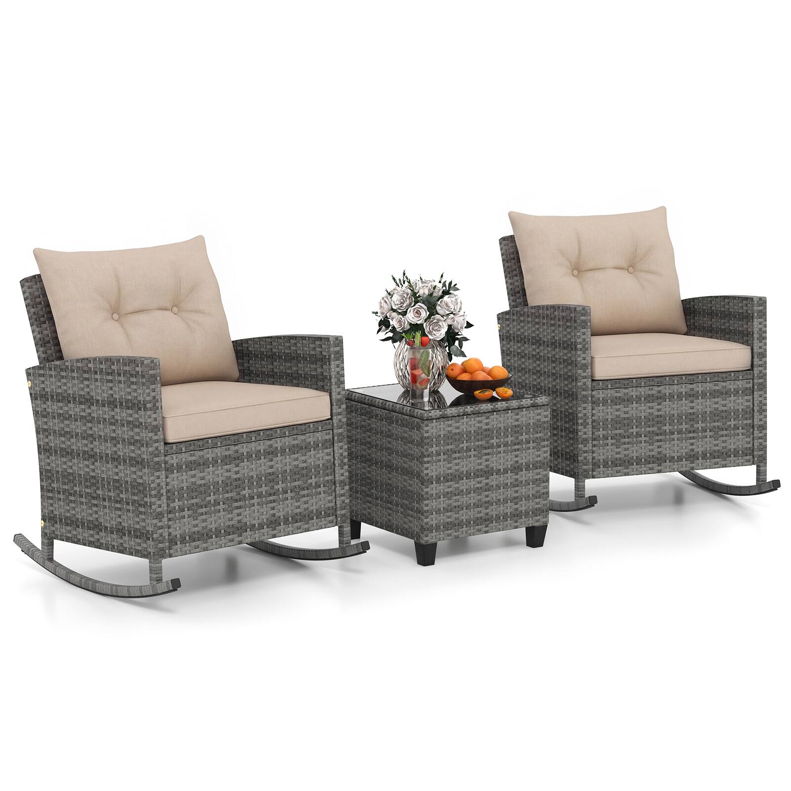 Alt View 1. Costway - Costway 3 PCS Patio Wicker Rocking Set with Tempered Glass Table & Soft Cushions Outdoor - Gray.