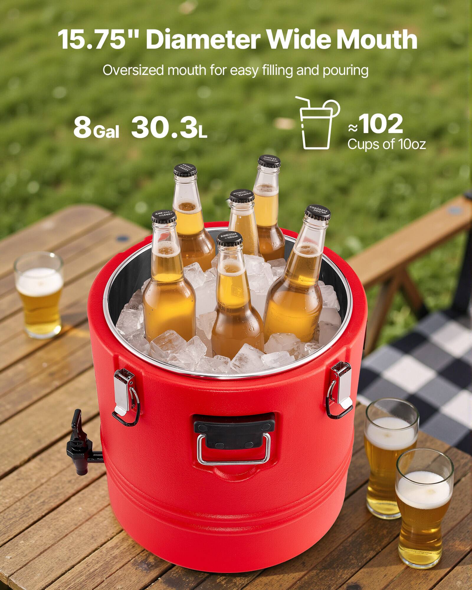 15.75" Diameter Wide Mouth  
Oversized mouth for easy filling and pouring  

8Gal 30.3L  

≈102 Cups of 10oz