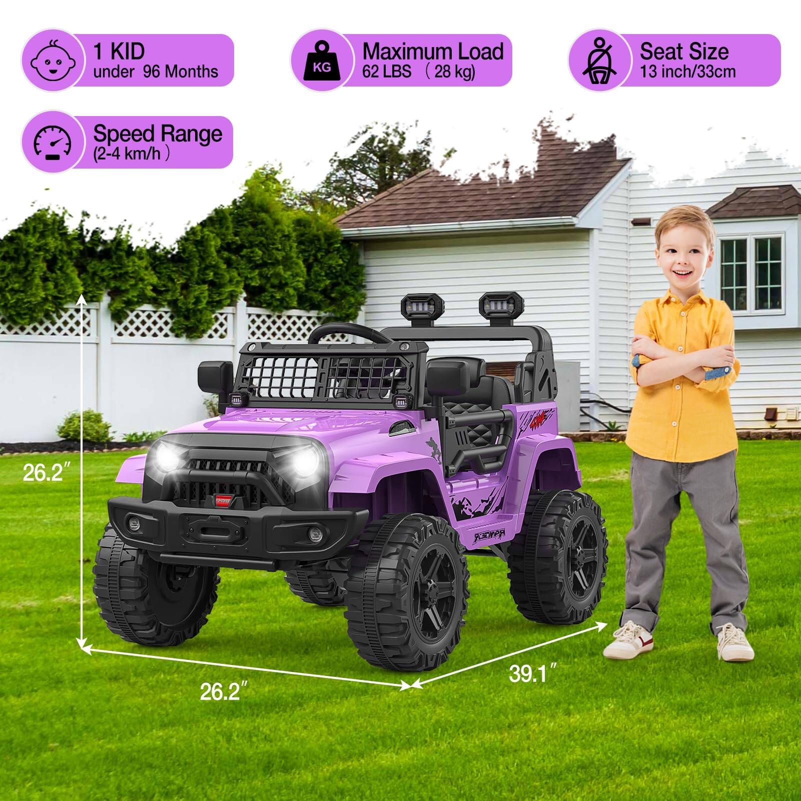 1 KID under 96 Months  
Maximum Load: 62 LBS (28 kg)  
Seat Size: 13 inch/33 cm  
Speed Range: 2-4 km/h  
Dimensions: 26.2" x 26.2" x 39.1"