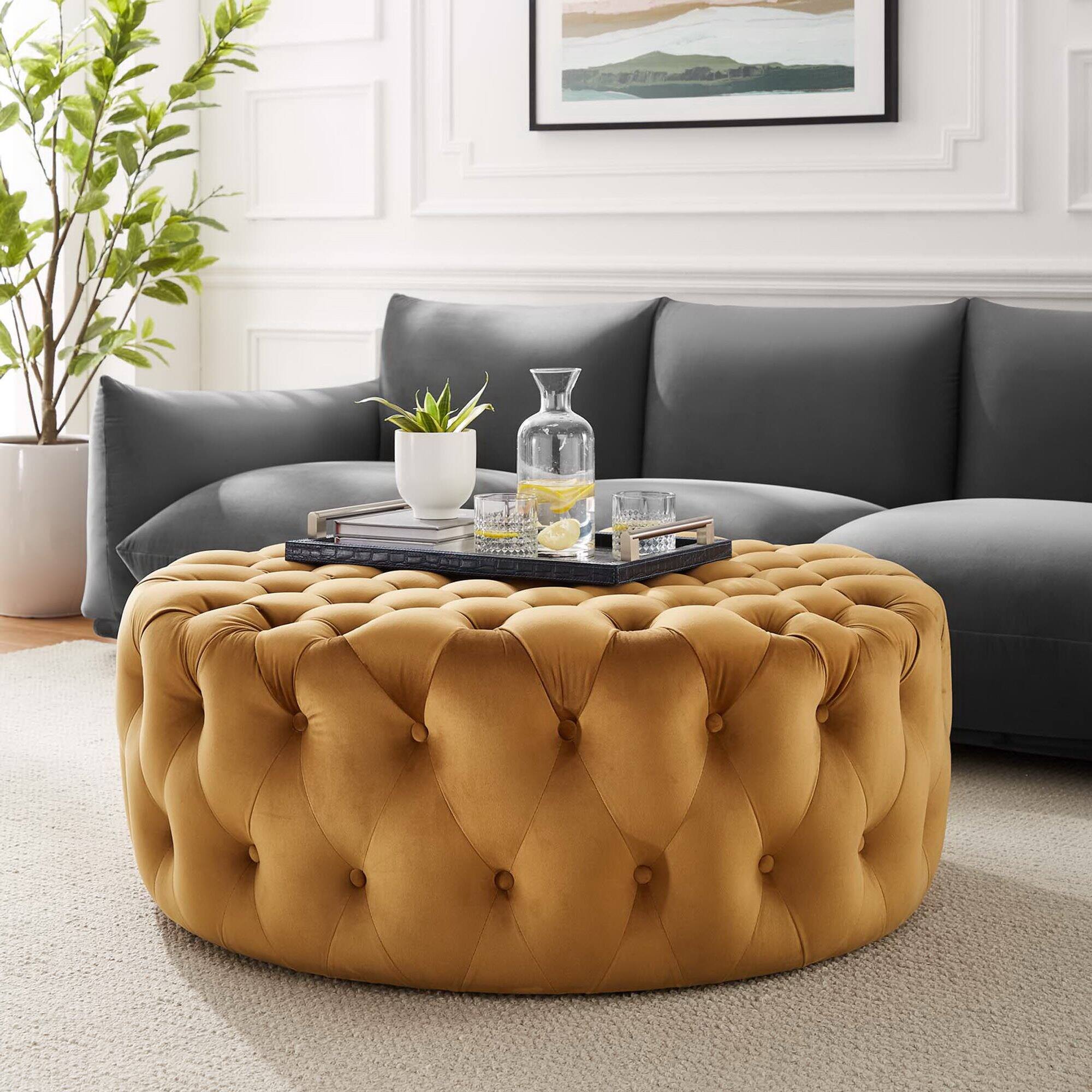 Front. Modway - Amour Tufted Button Large Round Performance Velvet Ottoman by Modway - EEI-5469-COG.