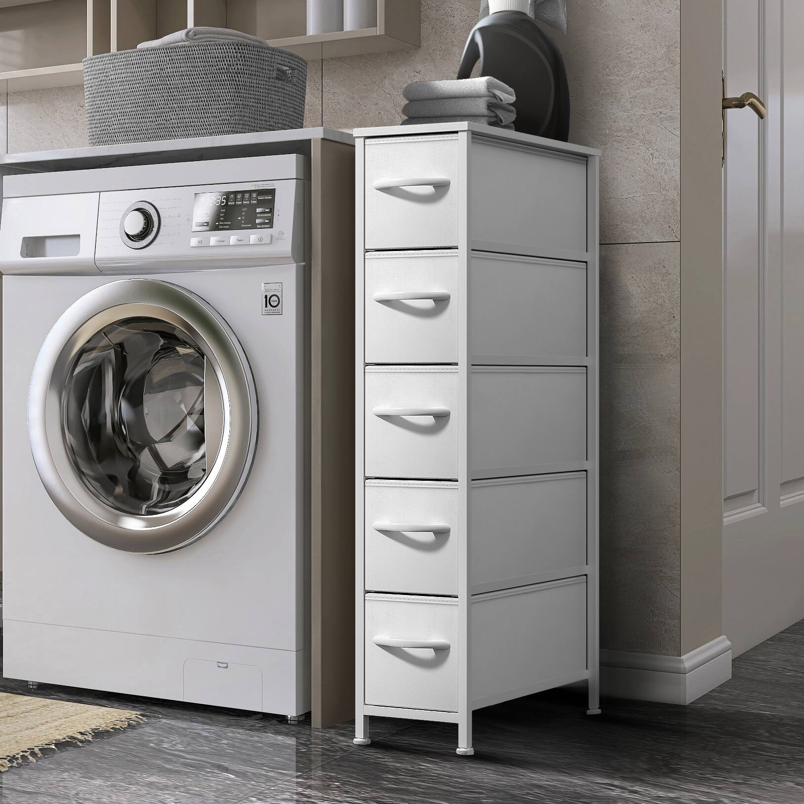 Angle. Sorbus - Sorbus 5 Drawers Narrow Dresser with Steel Frame, Wood Top & Fabric Bins for Small Spaces, Closets, Bedrooms, Bathrooms - Whote.