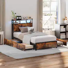 Winado - Bed Frame Twin Size with 4 Storage Drawers and Storage Headboard Metal Platform with Charging Station and LED Lights - Vintage Brown