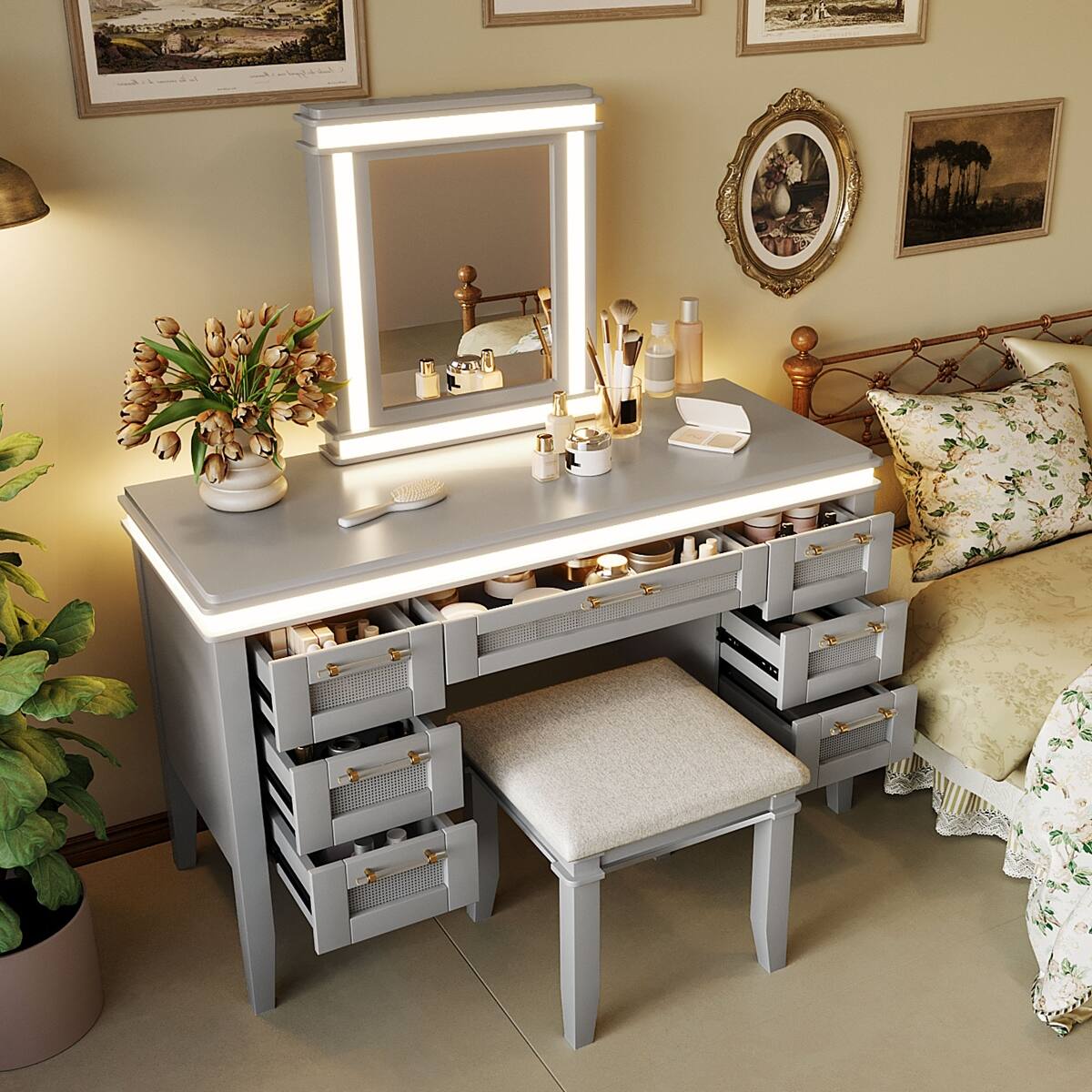 Left. Loheer - Loheer 48 Inch Makeup Vanity Desk with Mirror and Lights, Seven Drawers, Cushioned Stool, Grayish Blue - Grayish Blue.