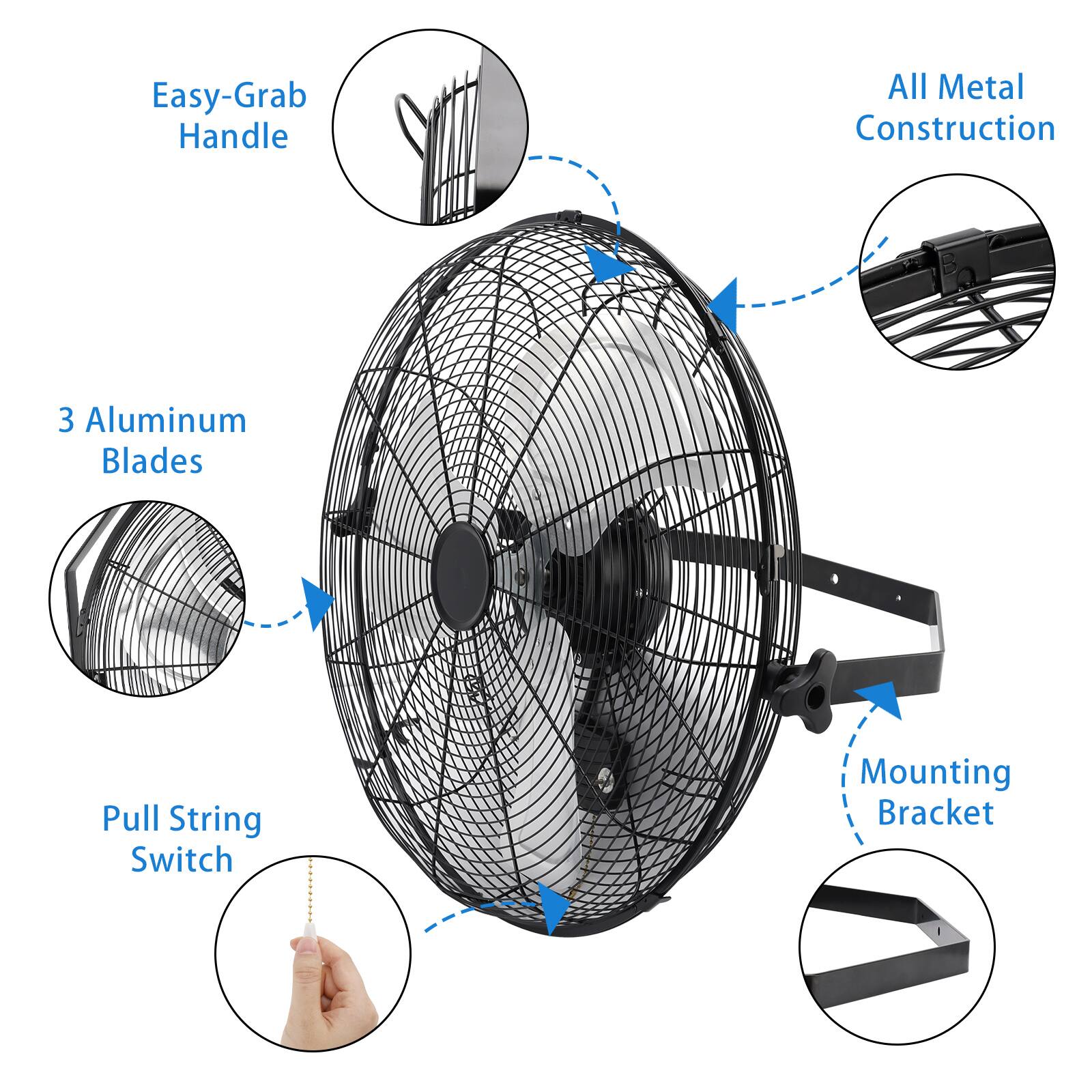 Easy-Grab Handle  
All Metal Construction  
3 Aluminum Blades  
Pull String Switch  
Mounting Bracket
