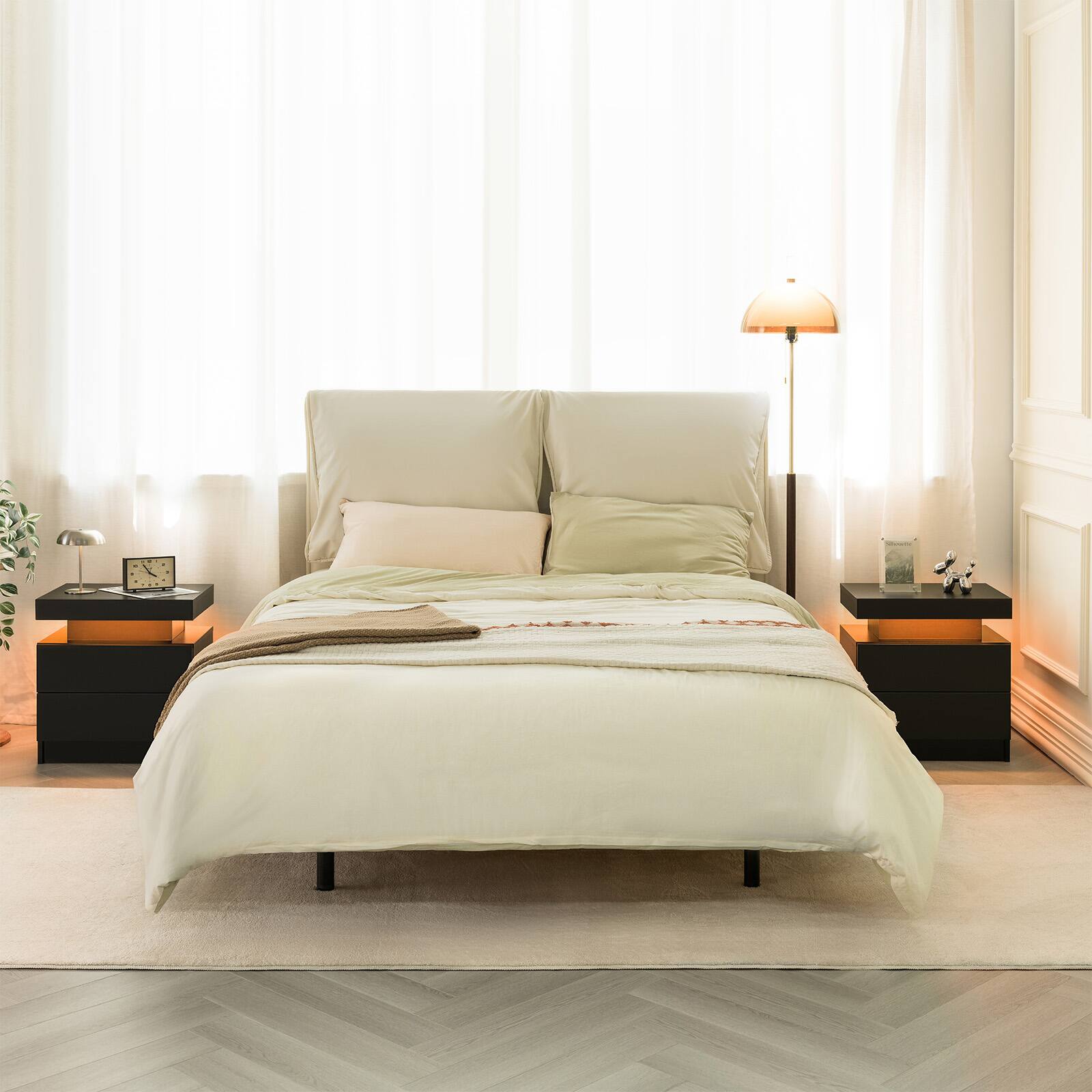 Alt View 5. Meqiodas - Nightstand LED Bedside Table Cabinet Lights Modern End Side with 2 Drawers for Bedroom - Black.