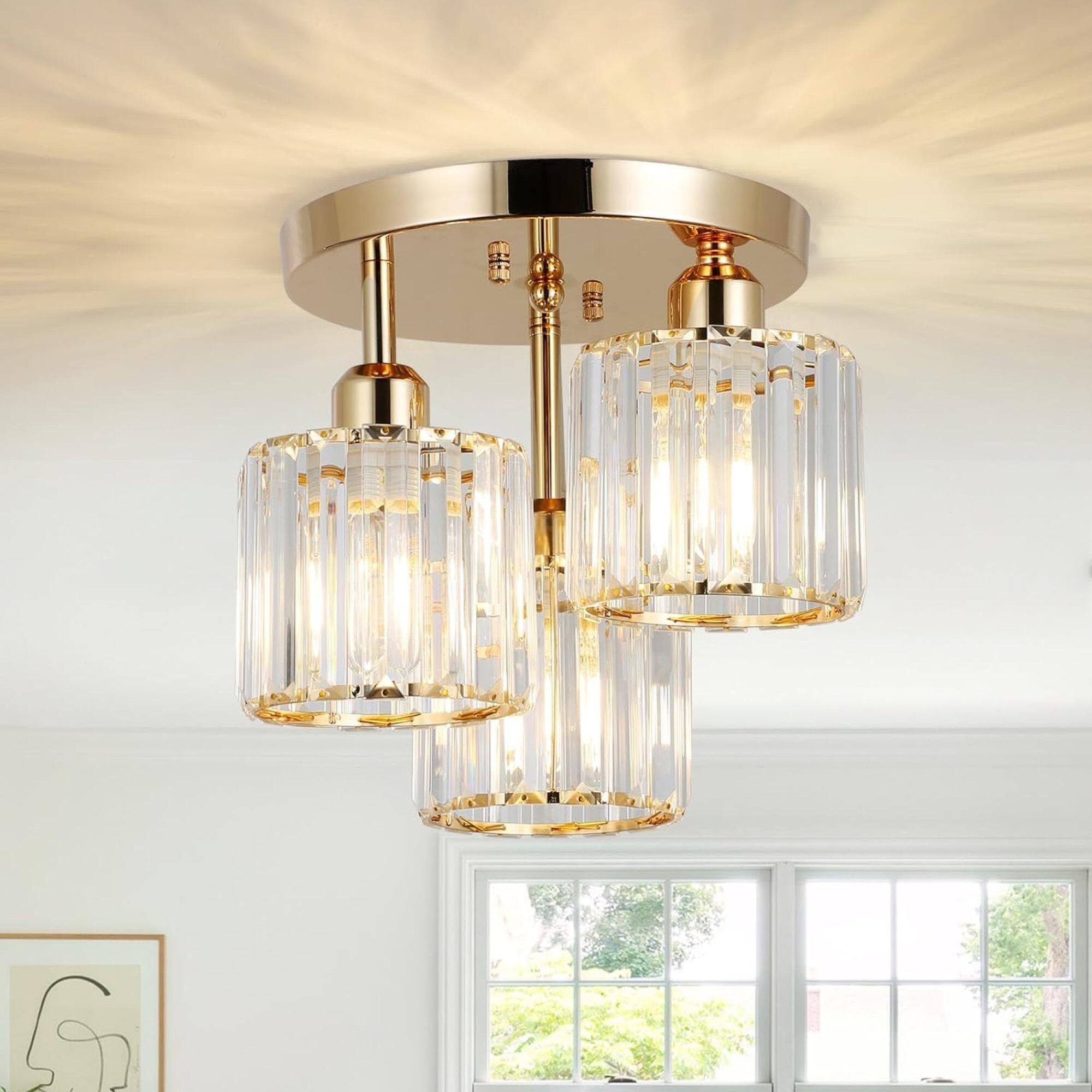 Front. ELEMENT ACE - Modern Semi Flush Mount Ceiling Light Fixture with Crystal Accents and Golden Frame for Kitchen Hallway - Golden.