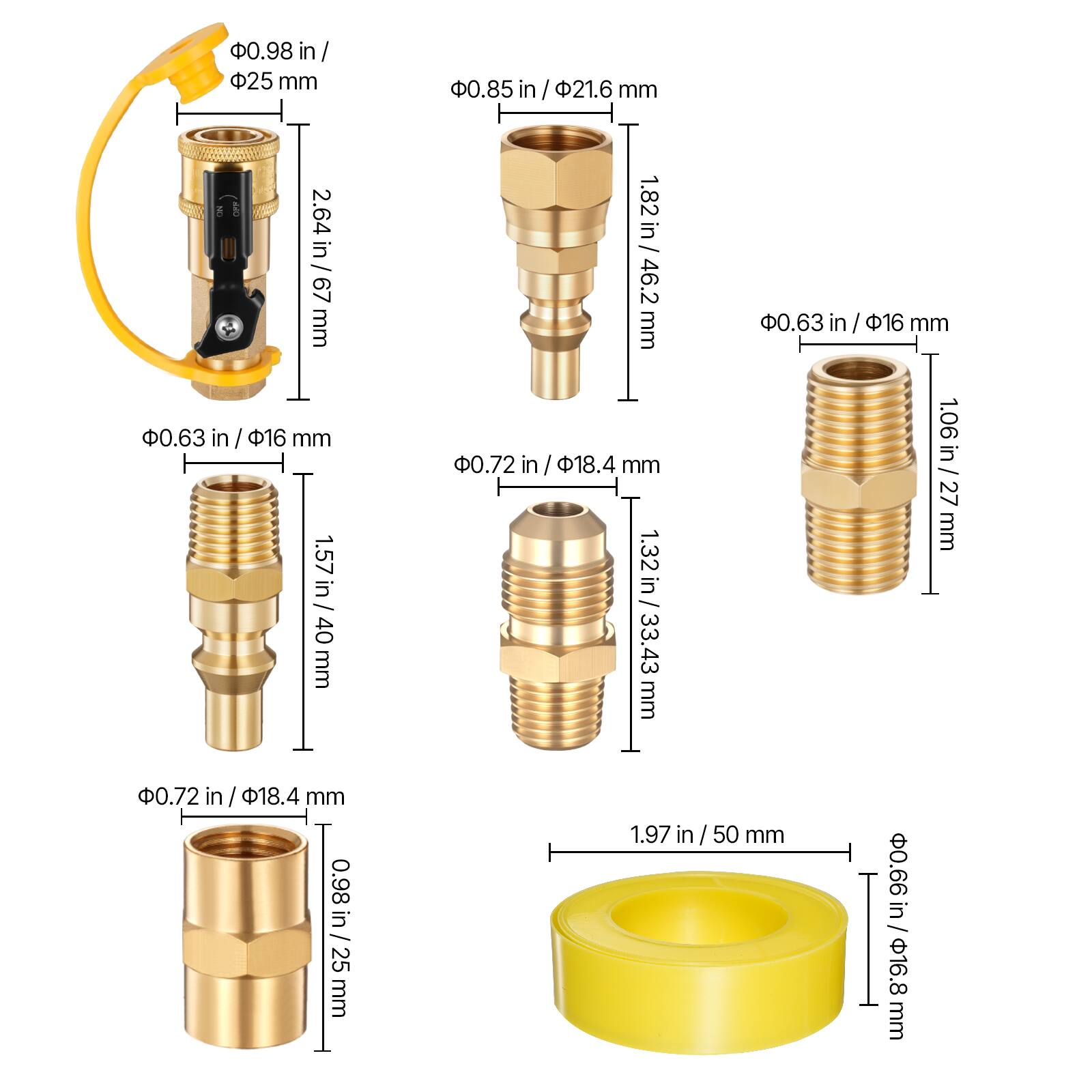 - 0.98 in / 25 mm
- 2.64 in / 67 mm
- 0.63 in / 16 mm
- 1.57 in / 40 mm
- 0.72 in / 18.4 mm
- 1.32 in / 33.43 mm
- 0.63 in / 16 mm
- 1.06 in / 27 mm
- 0.72 in / 18.4 mm
- 0.98 in / 25 mm
- 1.97 in / 50 mm
- 0.66 in / 16.8 mm

- 0.85 in / 21.6 mm
- 1.82 in / 46.2 mm
- 0.63 in / 16 mm
- 1.06 in / 27 mm