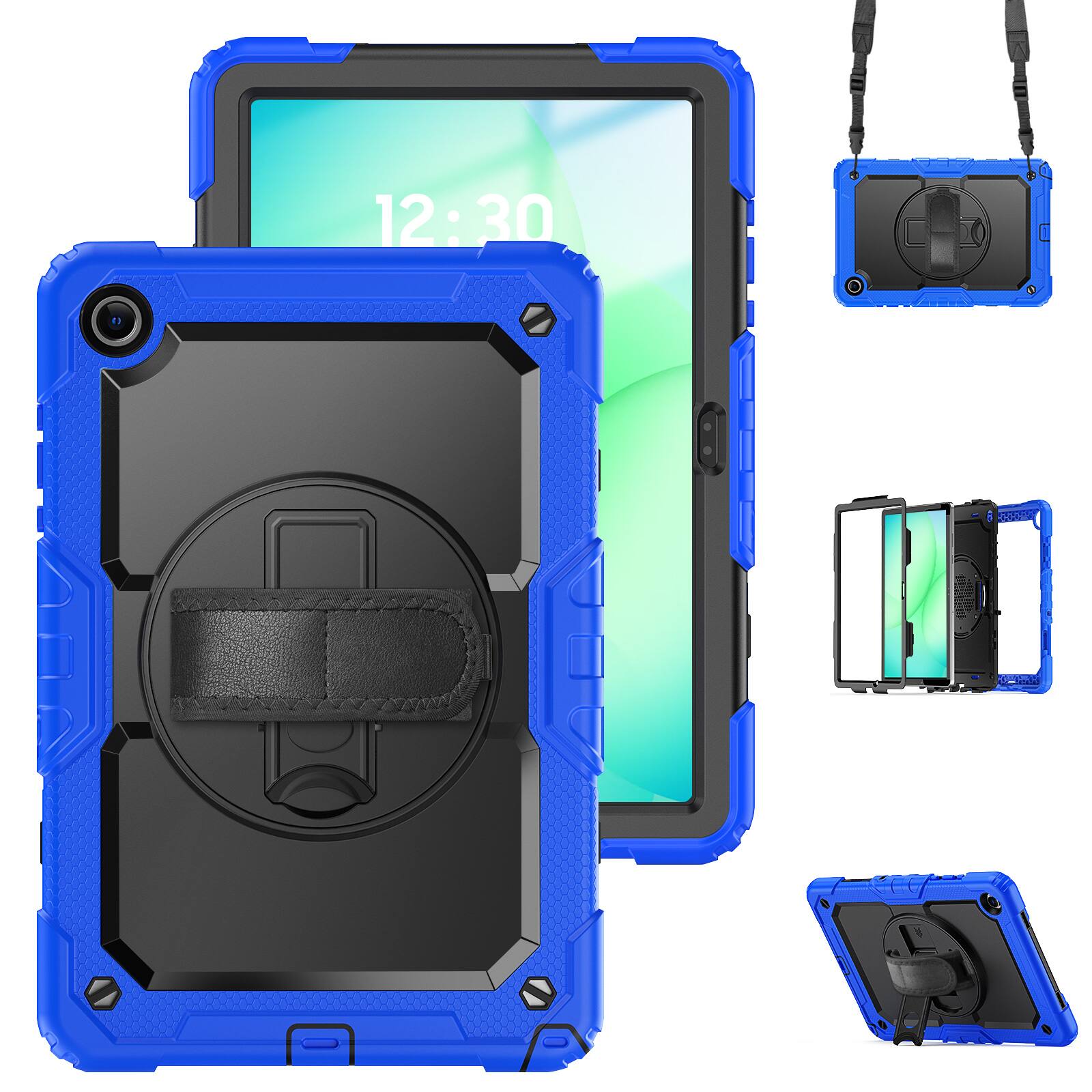 Angle. Dteck - For Samsung Galaxy Tab A11+ 2025/A9+ 2023 Shockproof Three-Layer Stand Shoulder Strap Case Built-in Screen Protector - Blue.