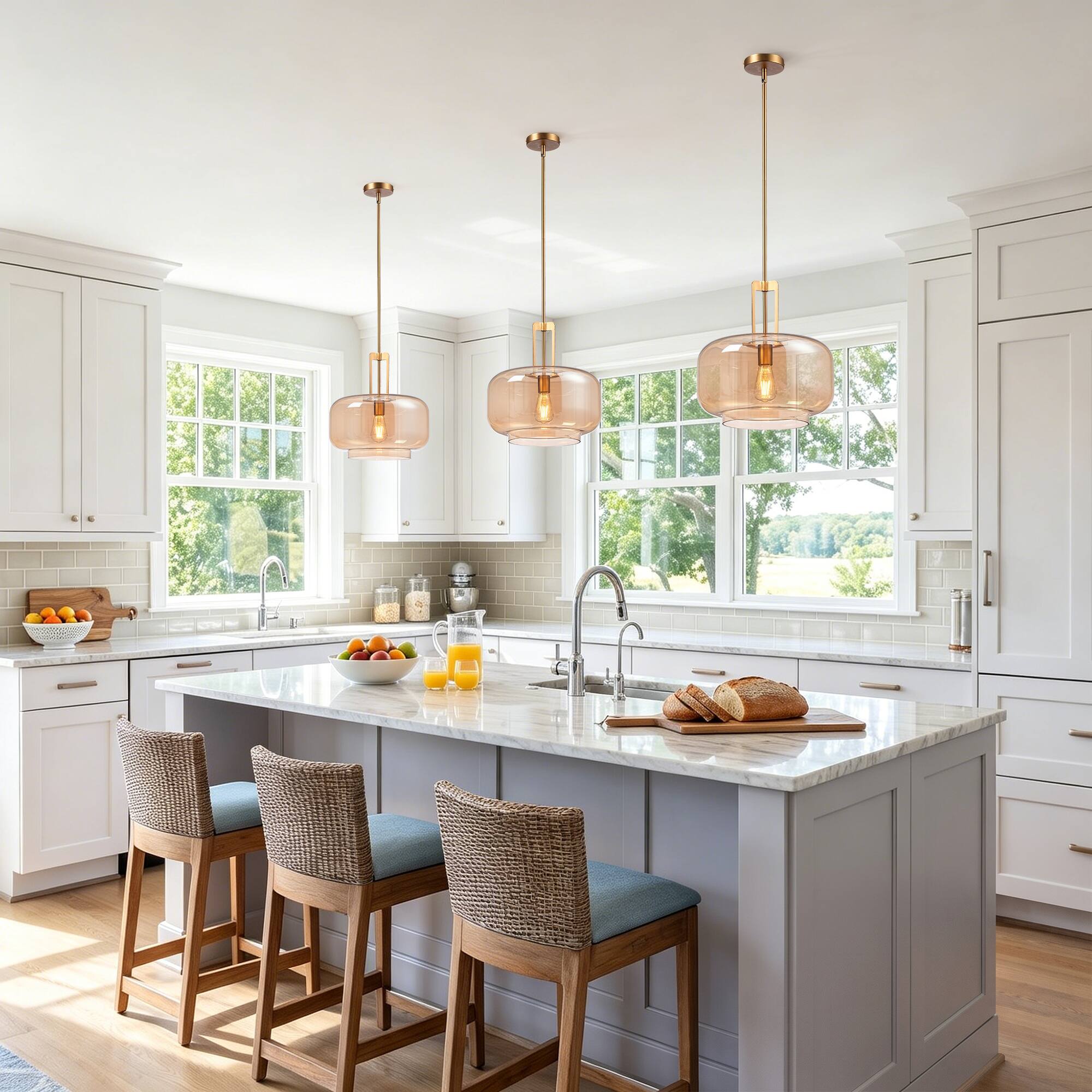 Angle. Parrot Uncle - 15" Modern Round Amber Glass Shade Pendant Light 1-Light Adjustable Hanging Light for Kitchen Island - Amber.
