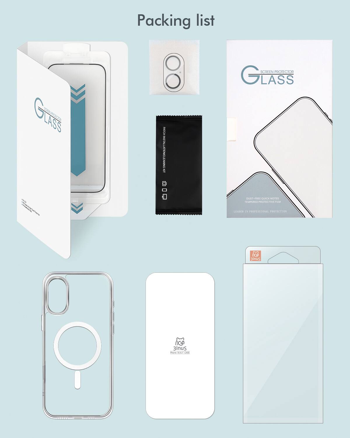 Packing List: OLASS PATCHINSTALLATIONCLEANING.KIT IT SCREEN PROTECTOR GLASS G DULI-EREL CAM NUTES HMPe PROTECTIVE FILM EA29 PROFESSIONAL GLASS PROTECTION Jinus 3inus C. - SSNAN Lna