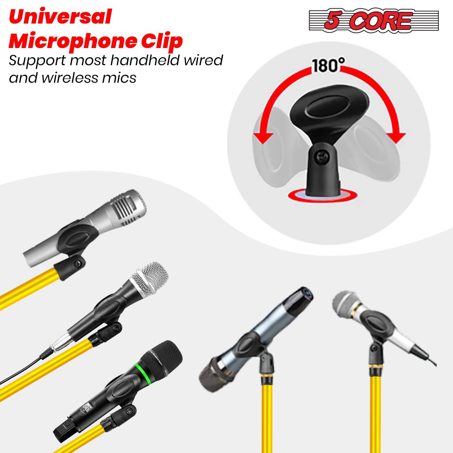 Universal Microphone Clip, Support most handheld wired and wireless mics, 5 CORE, 180°