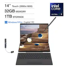 ASUS - Zenbook Duo 2-in-1 Laptop 14.0 2.8K (Intel Ultra 9-285H, 32GB LPDDR5X, 1TB PCIe SSD, Win 11 Pro) w/USB Hub - Inkwell Gray