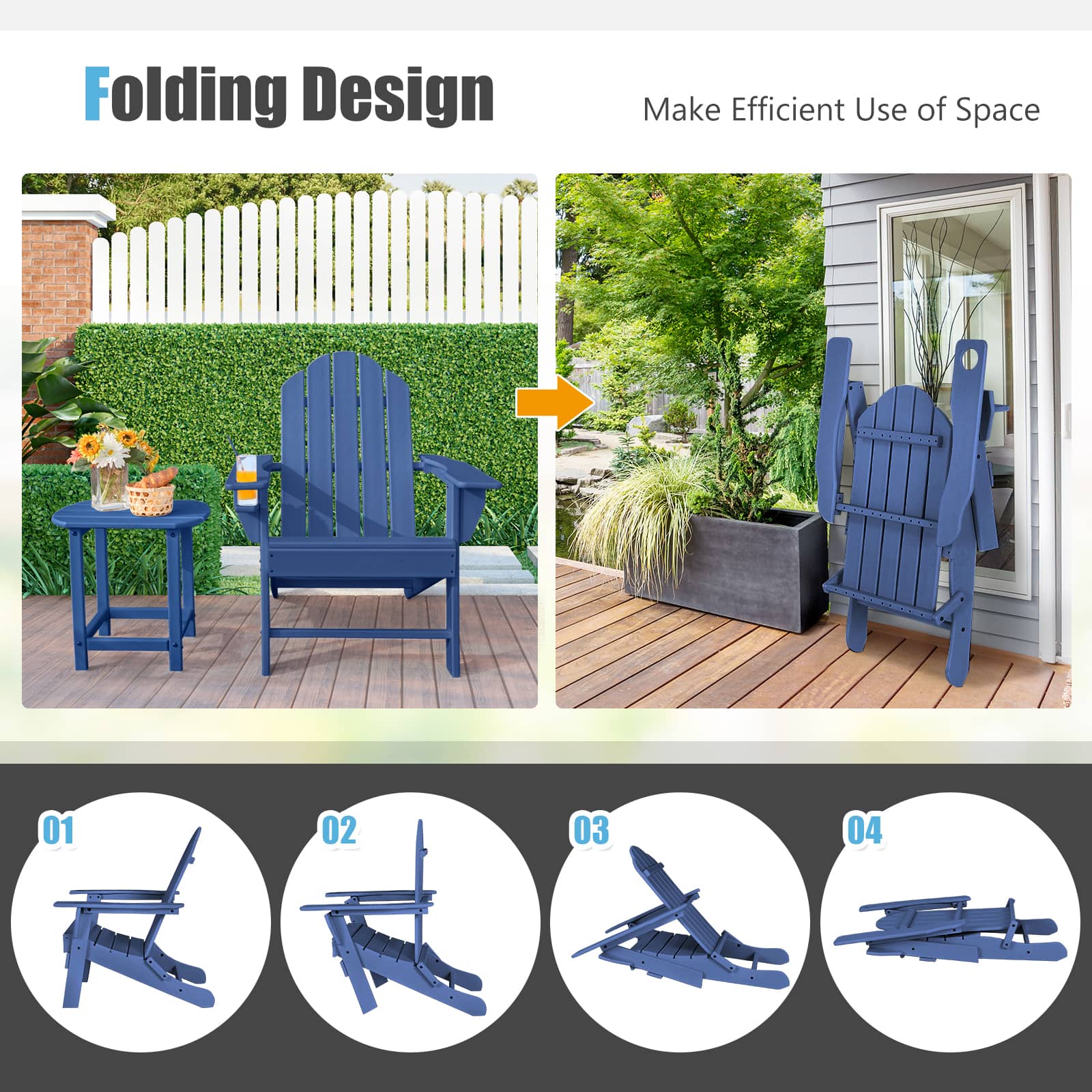 Gymax 2 PCS Patio Folding Adirondack Chair Side Table Cup Holder