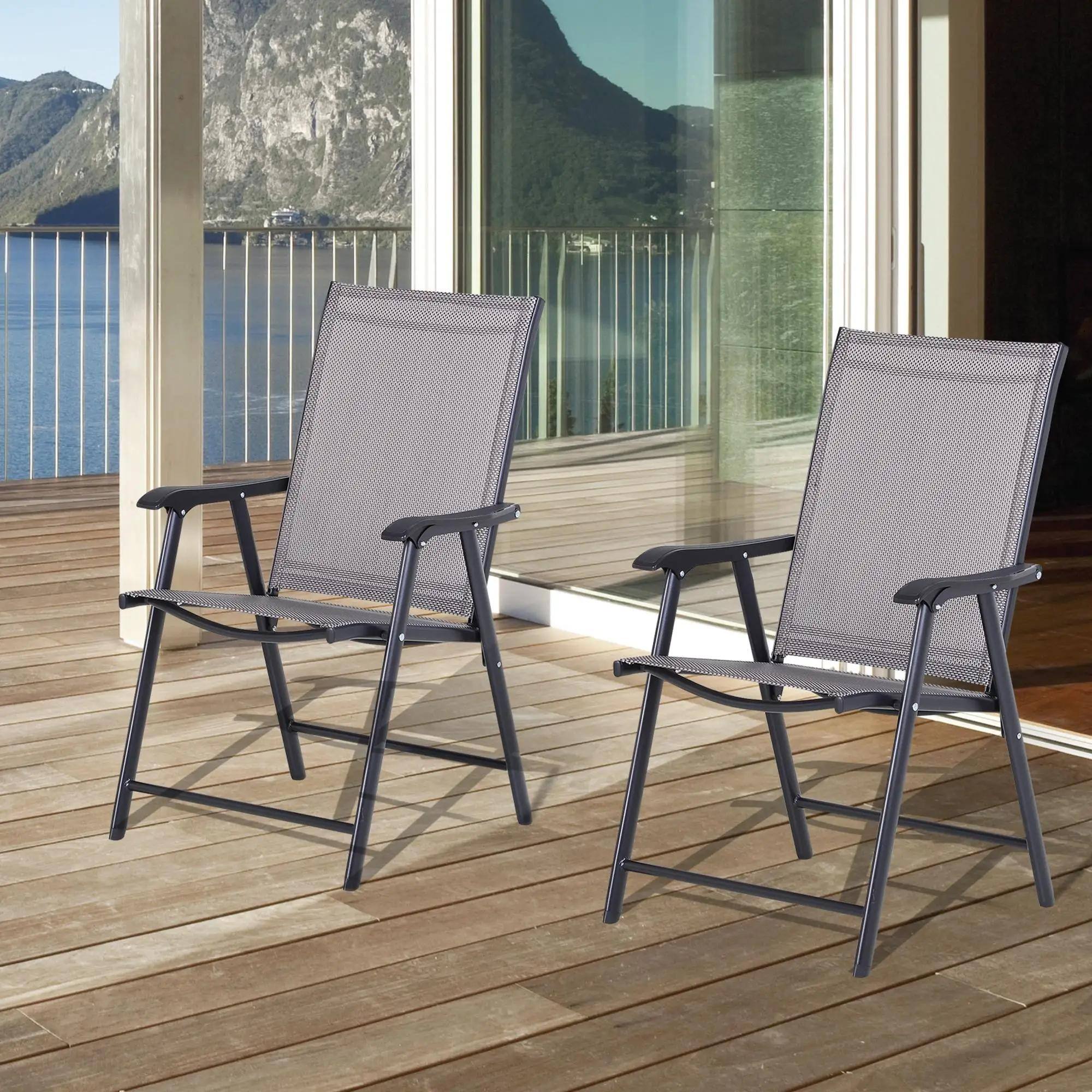 Alt View 7. Resenkos - Resenkos 2-Pack Outdoor Folding Chairs, Armrest Dining Seats, Metal Frame, Patio, Stacking, Easy Assembly,Gray - Gray.