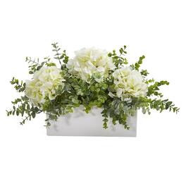 BreeBe - 15" Hydrangea and Eucalyptus Arrangement Vase - White