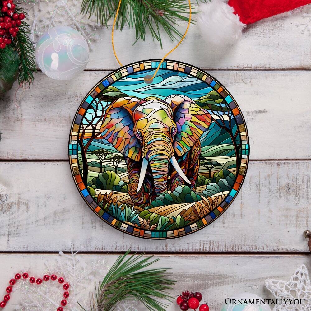 Back. OrnamentallyYou - Majestic Elephant Stained Glass Style Ceramic Ornament African Animals Christmas Gift and Decor - Multi-colored.