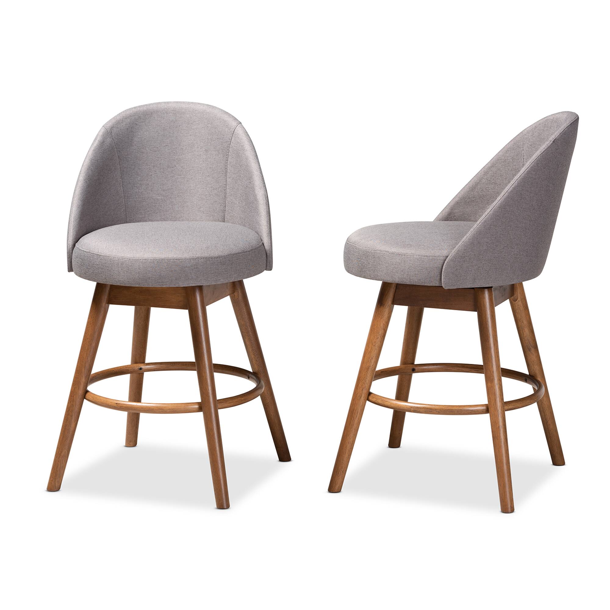 Left. Baxton Studio - Carra Mid-Century Modern Fabric Upholstered Walnut-Finished Wood Swivel Counter Stool Set - Gray.