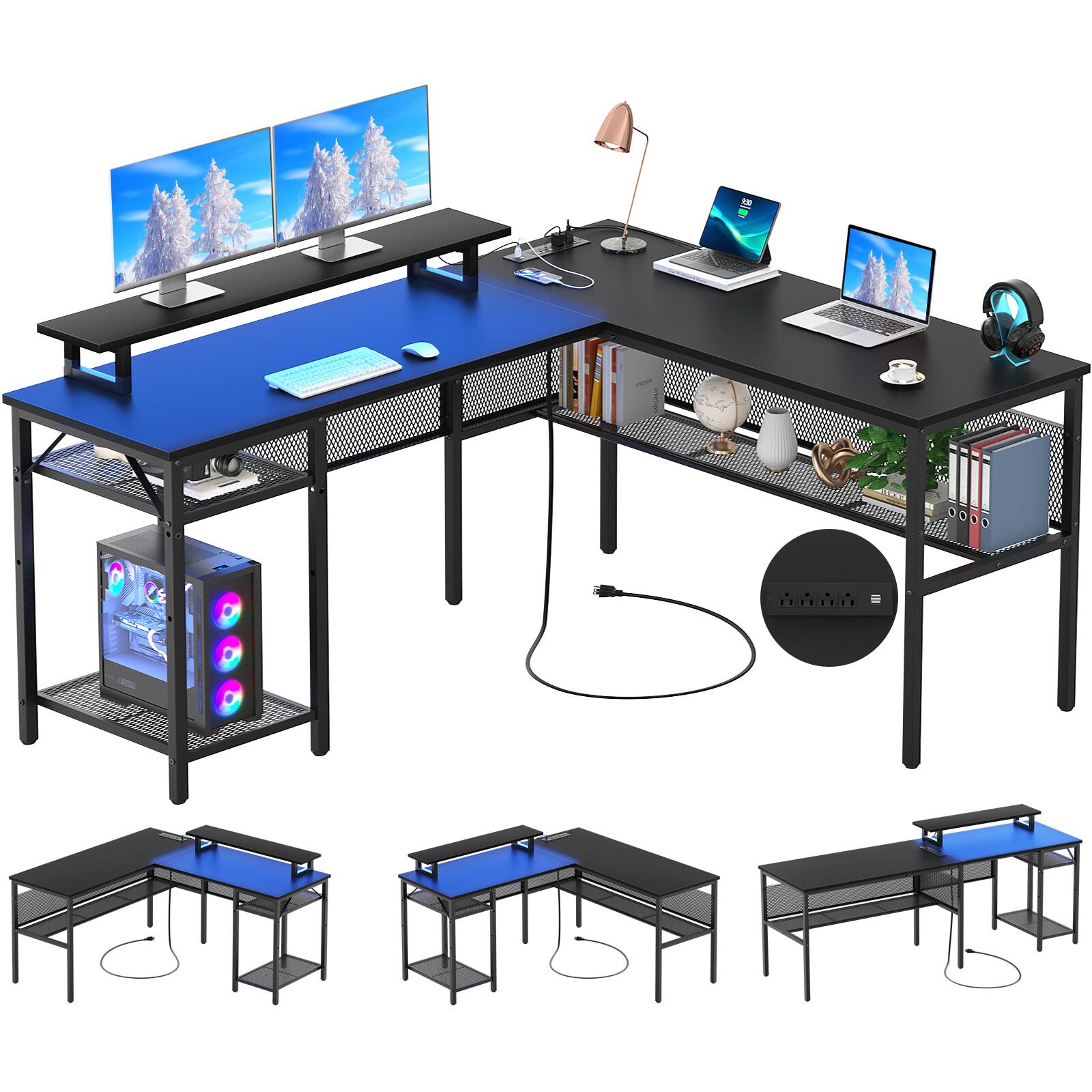 Alt View 4. Aheaplus - 55.5'' Reversible L-Shaped Computer Desk with Power Outlets and LED Lights, Gaming Table with CPU Stand & Monitor Stand - Black.