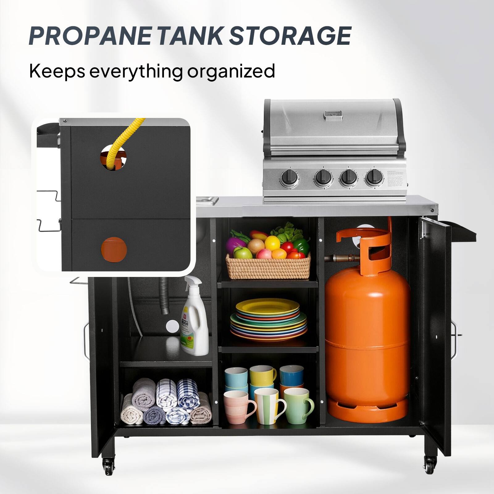 PROPANE TANK STORAGE  
Keeps everything organized