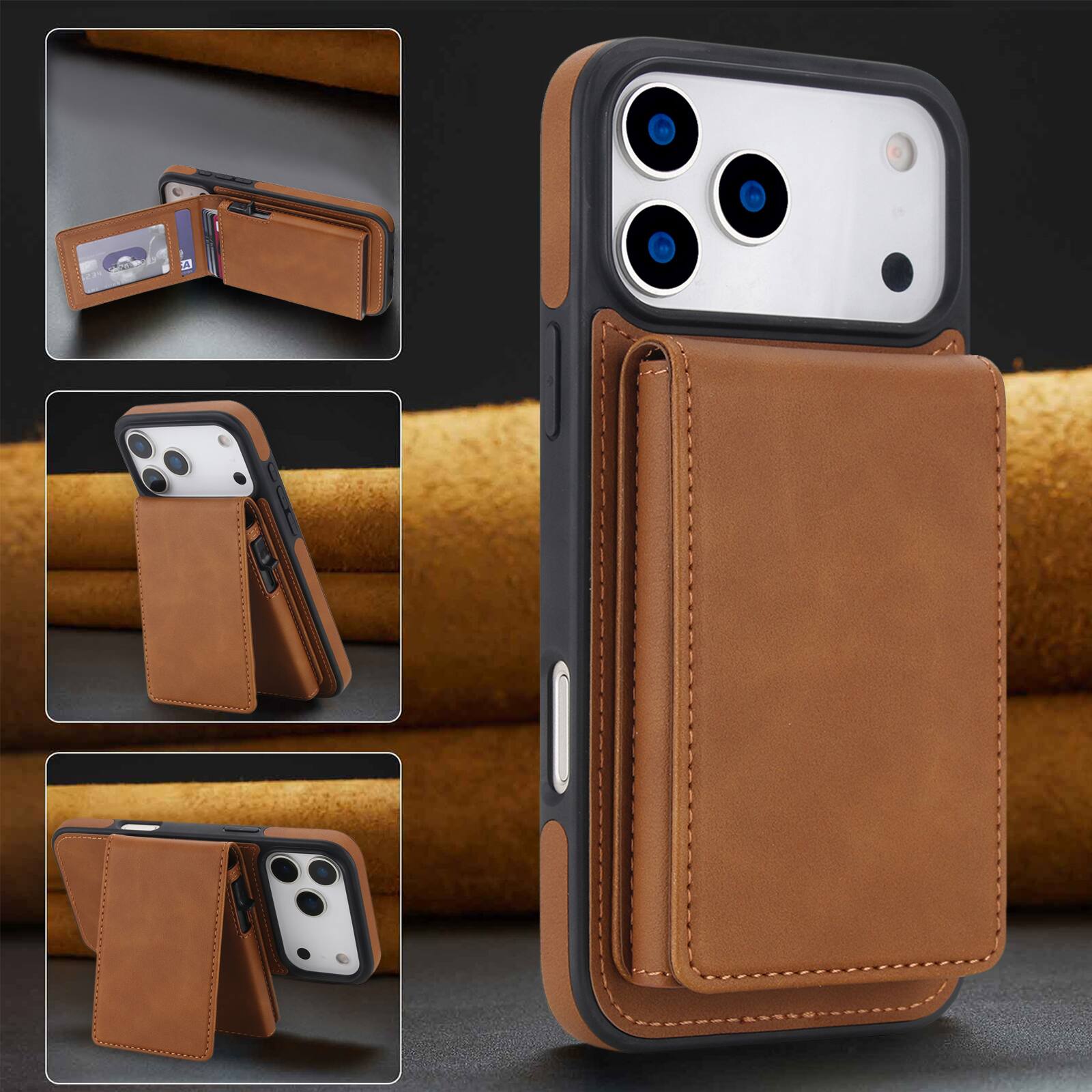 Alt View 2. Dteck - 2-in-1 Magnetic Wallet Case for Apple iPhone 17 Pro, Detachable Folio Cover with RFID Blocking & Dual Kickstand - Brown.