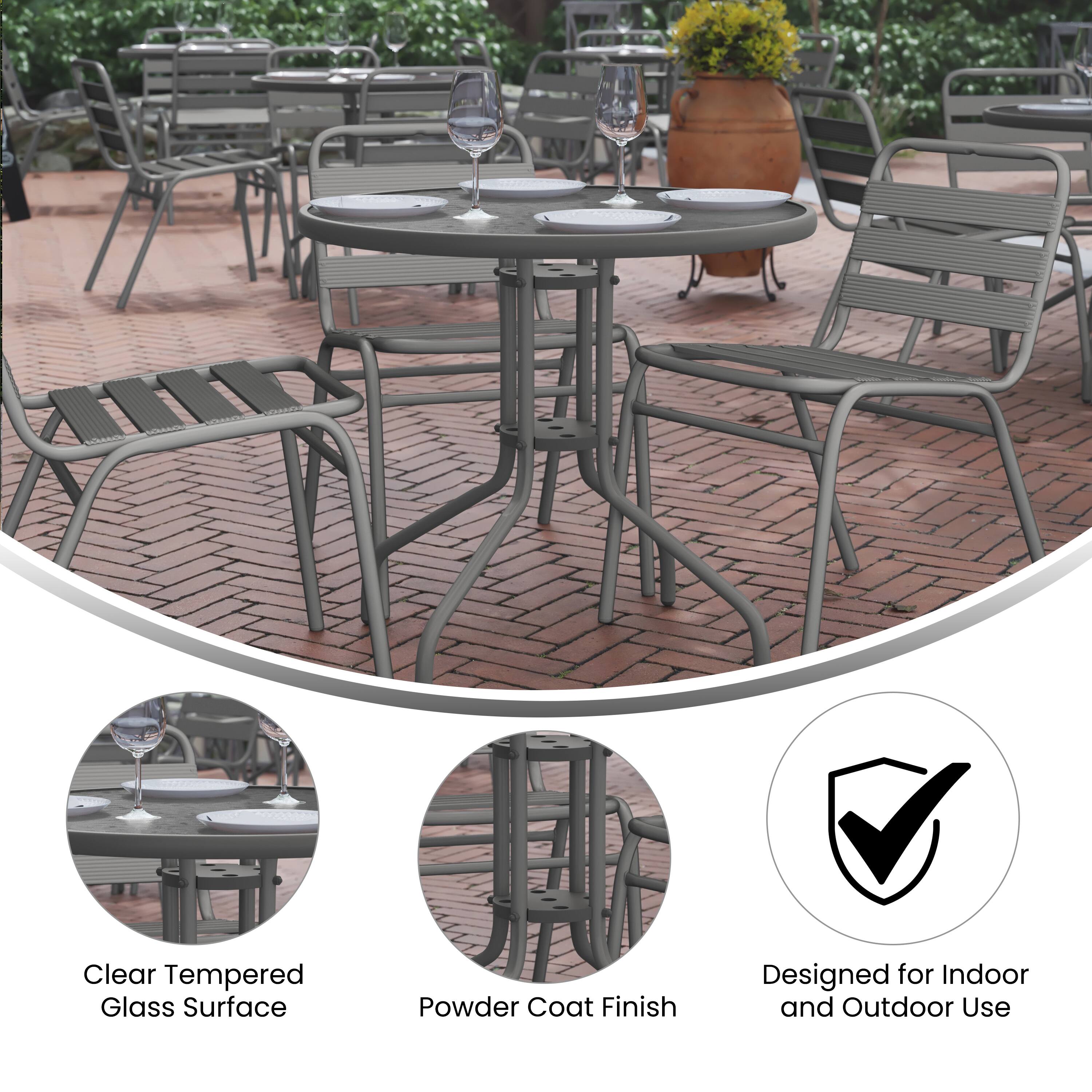 Clear Tempered Glass Surface  
Powder Coat Finish  
Designed for Indoor and Outdoor Use