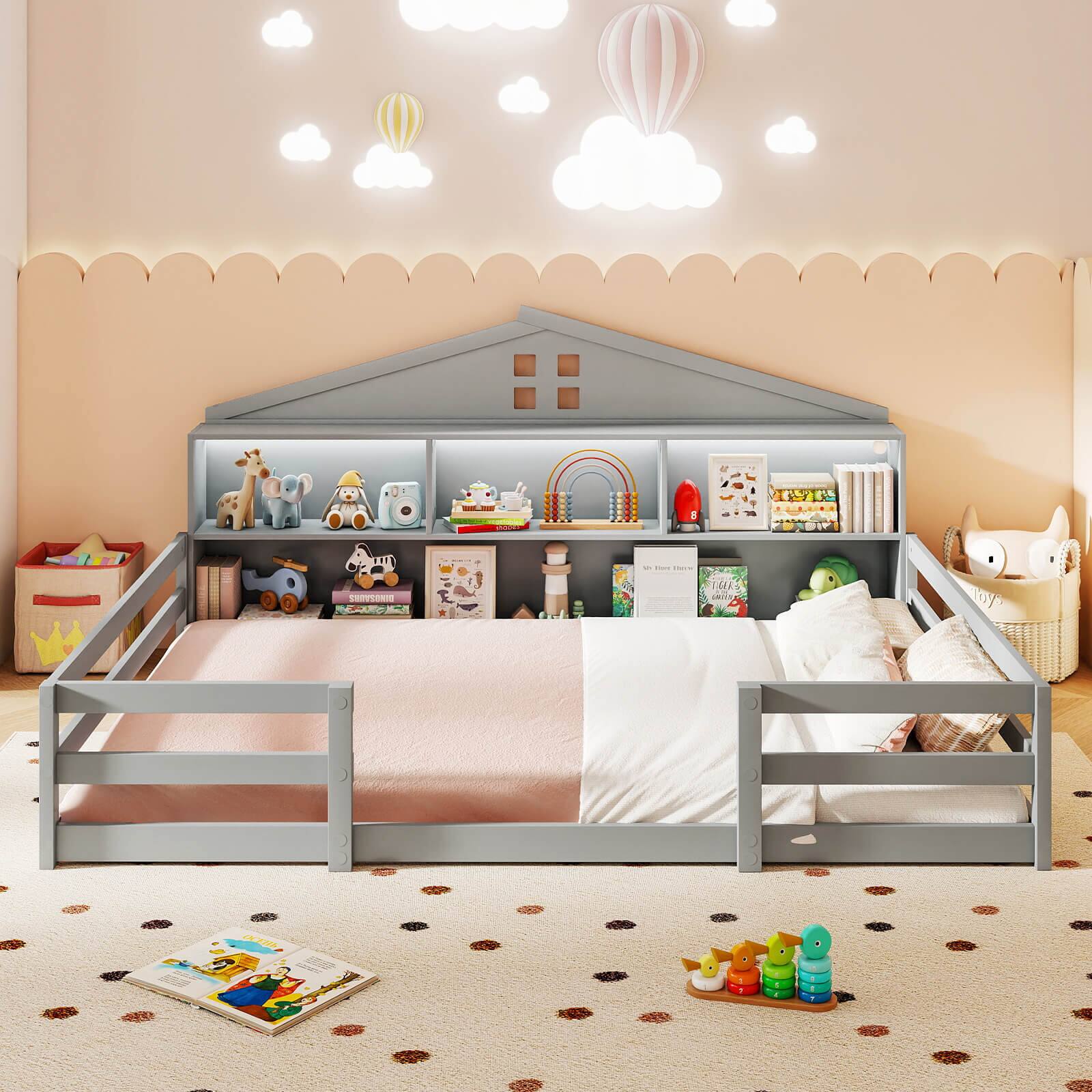 Alt View 3. Costway - Costway Full Size Montessori Floor Bed with LED Lights Safety Guardrails Compartments Shelf - Gray.