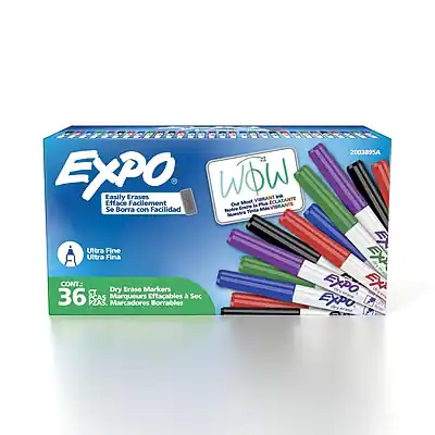 2003895A EXPO
Easily Erases
WOW ECLATANTE
Efface Facilement
Se Borra con Facilidad
Ultra Fine
Ultra Fina
CONT. 36 PCAS
Dry Erase Markers
Marqueurs Effaçables
Marcadores Borrables
EXPO