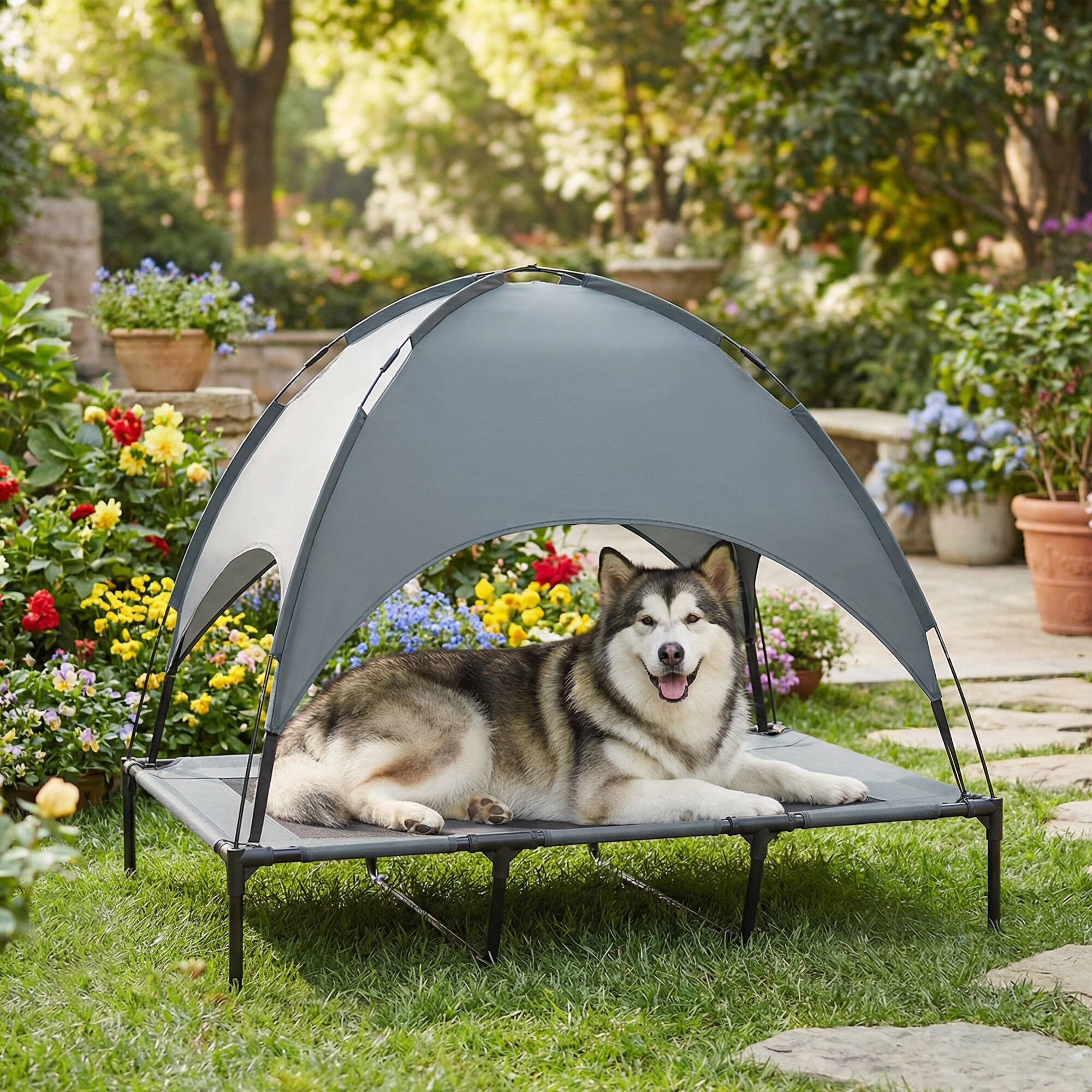 Alt View 1. Pawhut - 48" x 36" Elevated Portable Dog Cot Cooling Pet Bed with UV Protection Canopy - Grey.