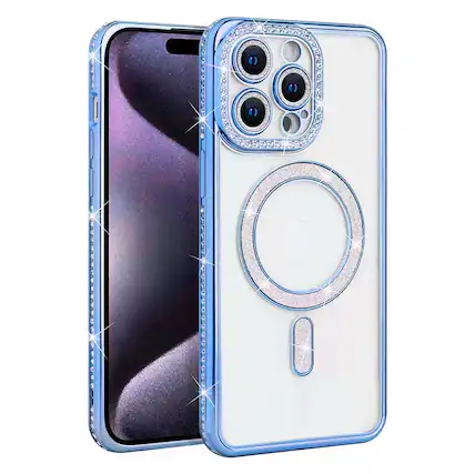Front. Entronix - Entronix Magnetic Case for iPhone 13 Pro Max - Clear Back with Luxury Rhinestones - Blue.