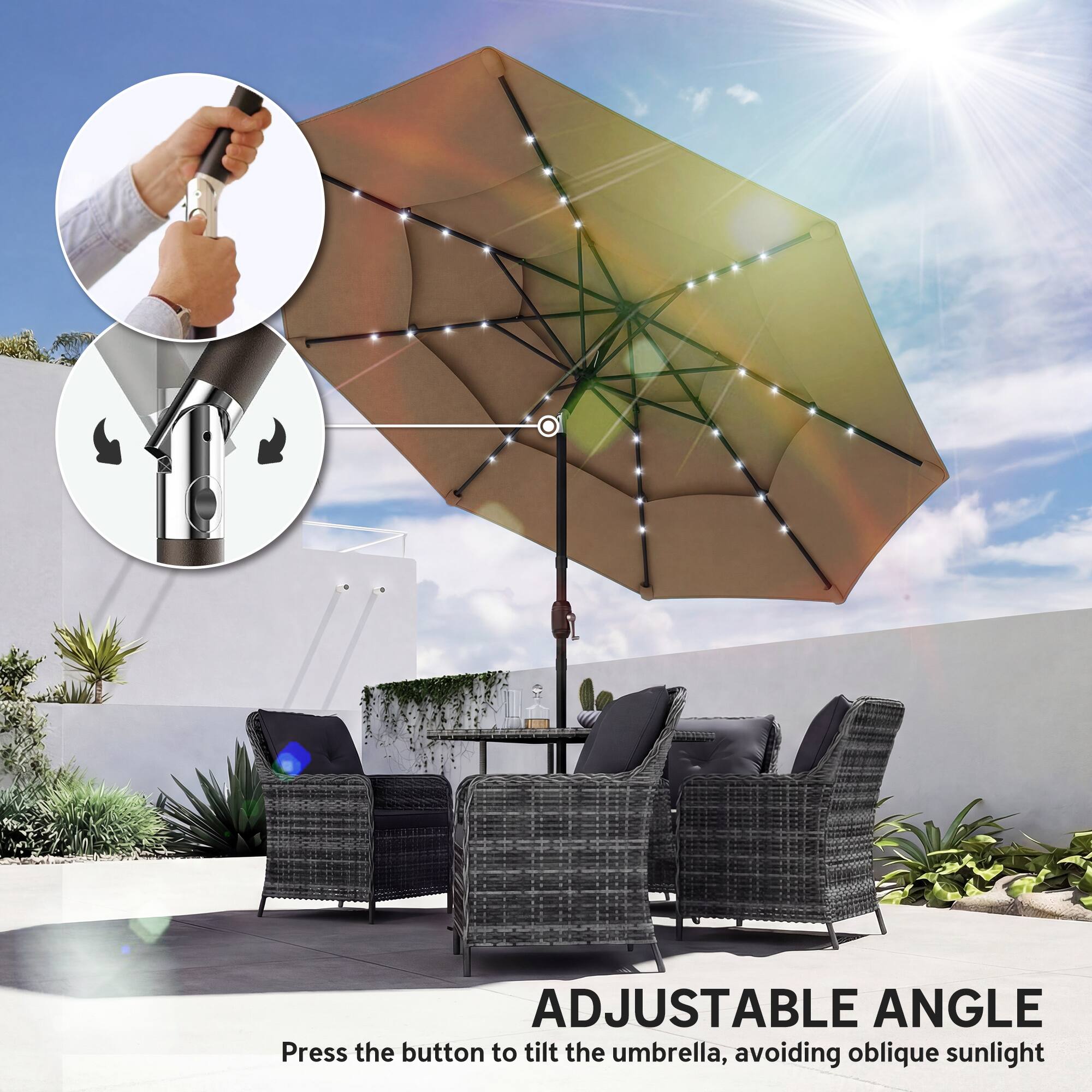 ADJUSTABLE ANGLE  
Press the button to tilt the umbrella, avoiding oblique sunlight